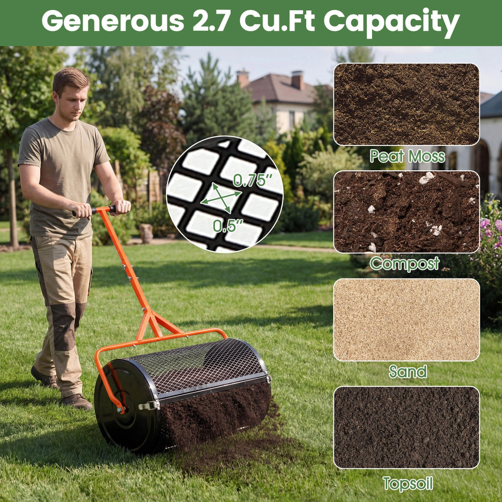 SUGIFT Orange 24-in Compost Spreader Peat Moss Topdressing Roller with 2.7-cu ft Basket and T-Handle