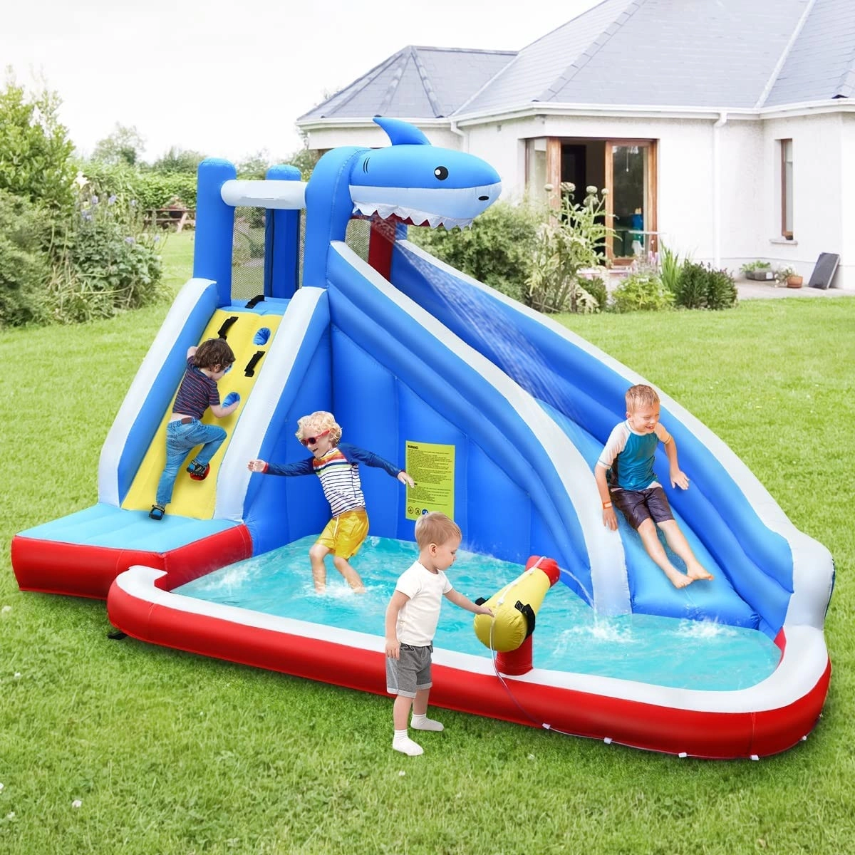 SUGIFT Inflatable Shark Bounce House with Water Slide and Climbing Wall 265-lb Capacity Ages 4-12 Multicolor