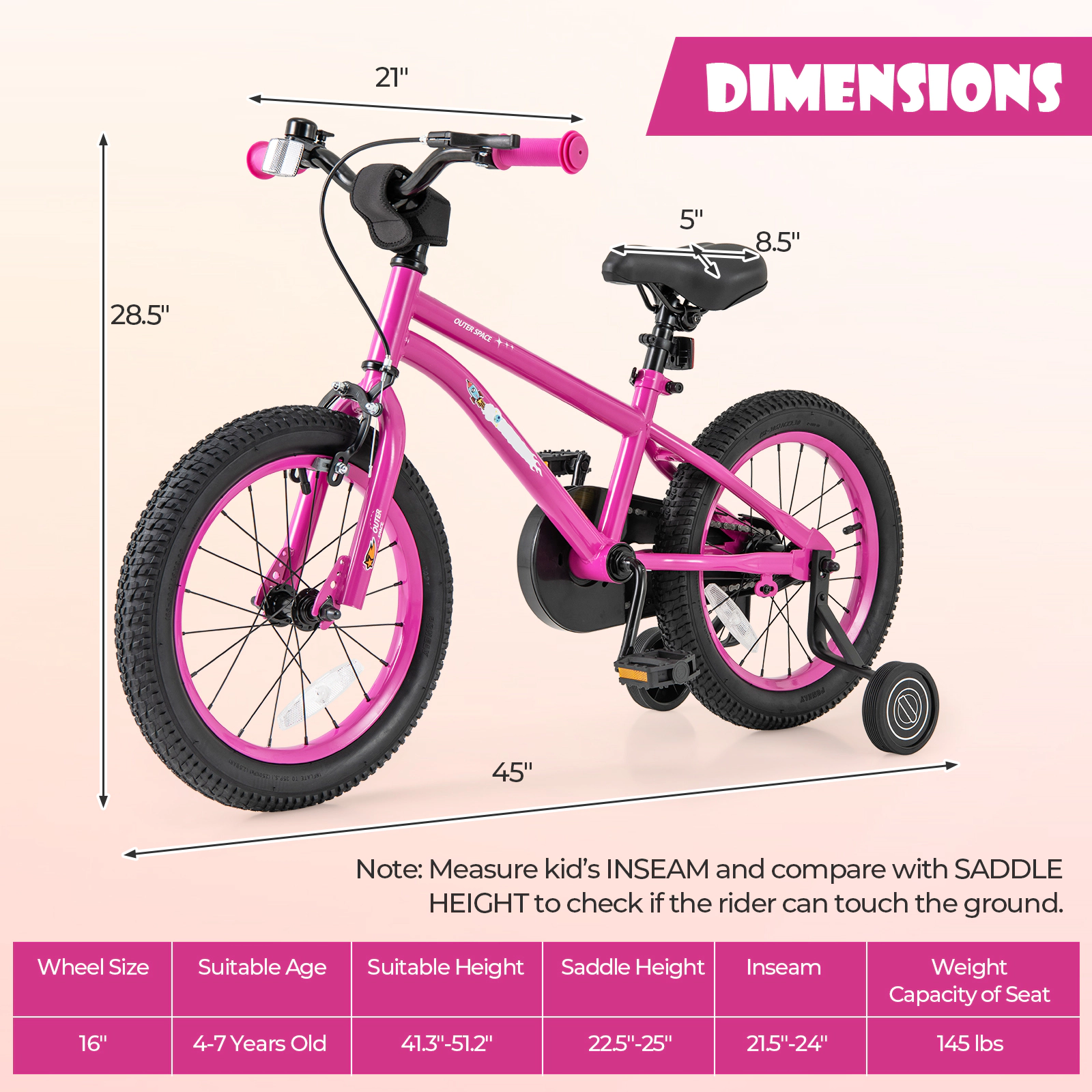 LJG Kids Bike Adjustable with Removable Training Wheels