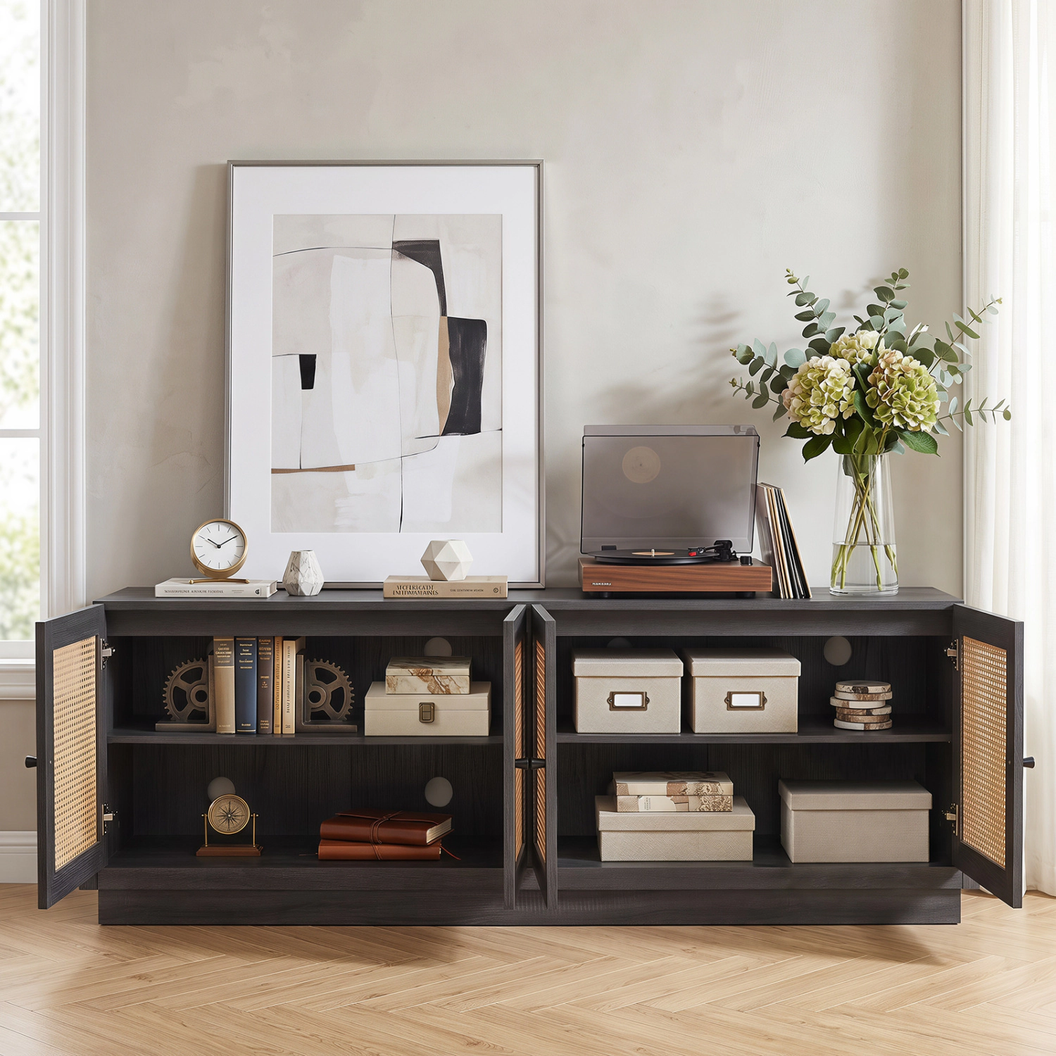 Glintex 70-Inch Farmhouse TV Stand with 4 Rattan Doors and 8 Cable Holes