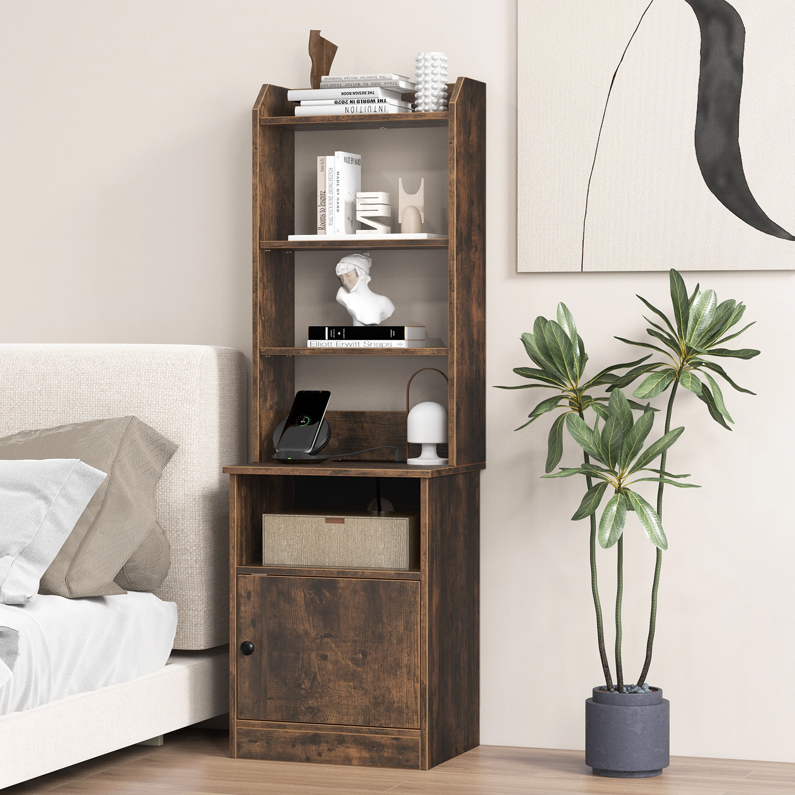 SUGIFT 6-Tier Rustic Brown 56-in Tall Bookshelf Nightstand with Charging Station 2 USB Ports and Cabinet