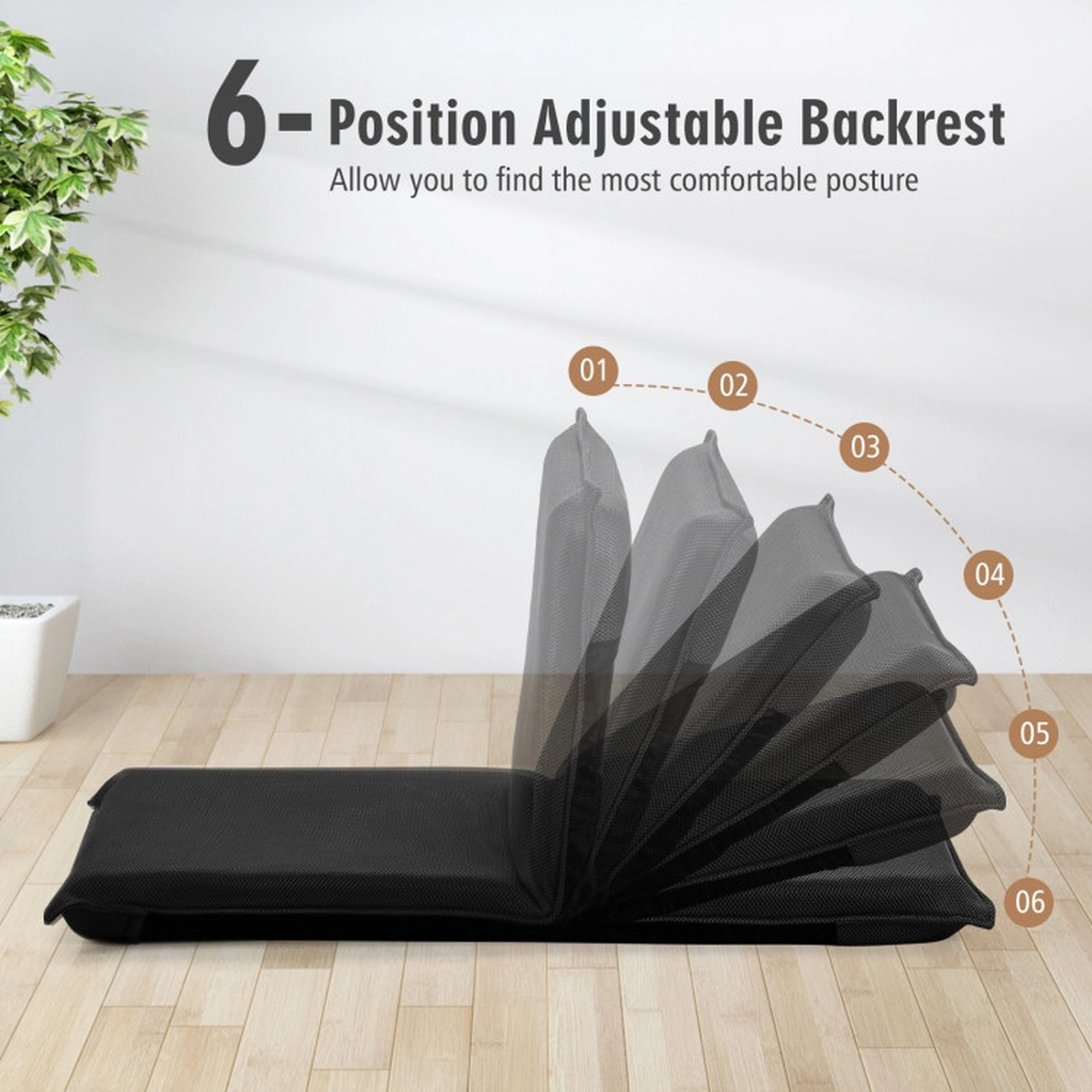 SUGIFT Adjustable 6-Position Folding Lazy Sofa Floor Chair 287-Lb Capacity Black