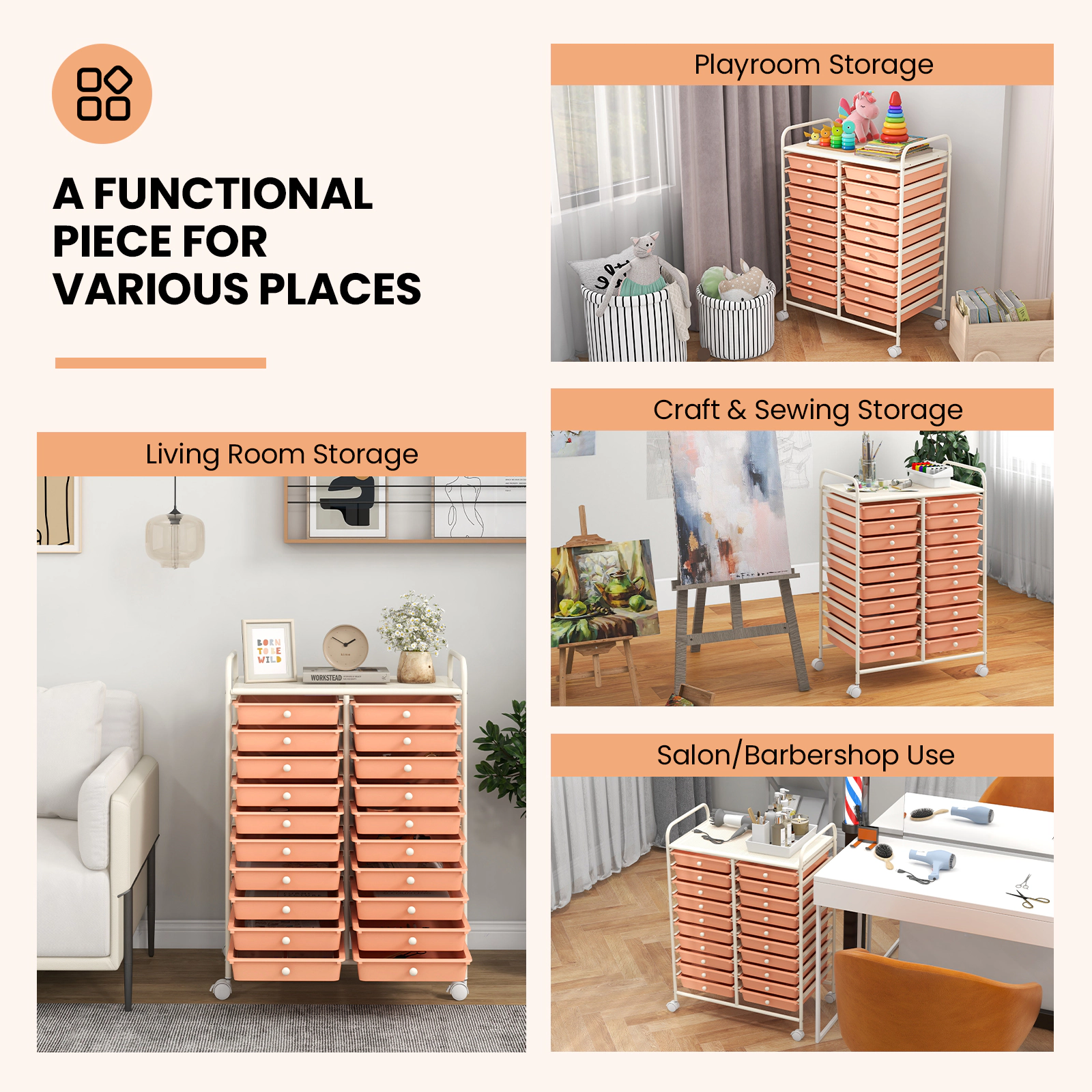 SUGIFT Peach 34-in 20-Drawer Rolling Storage Cart Art Studio Organizer with Removable Trays and Wheels