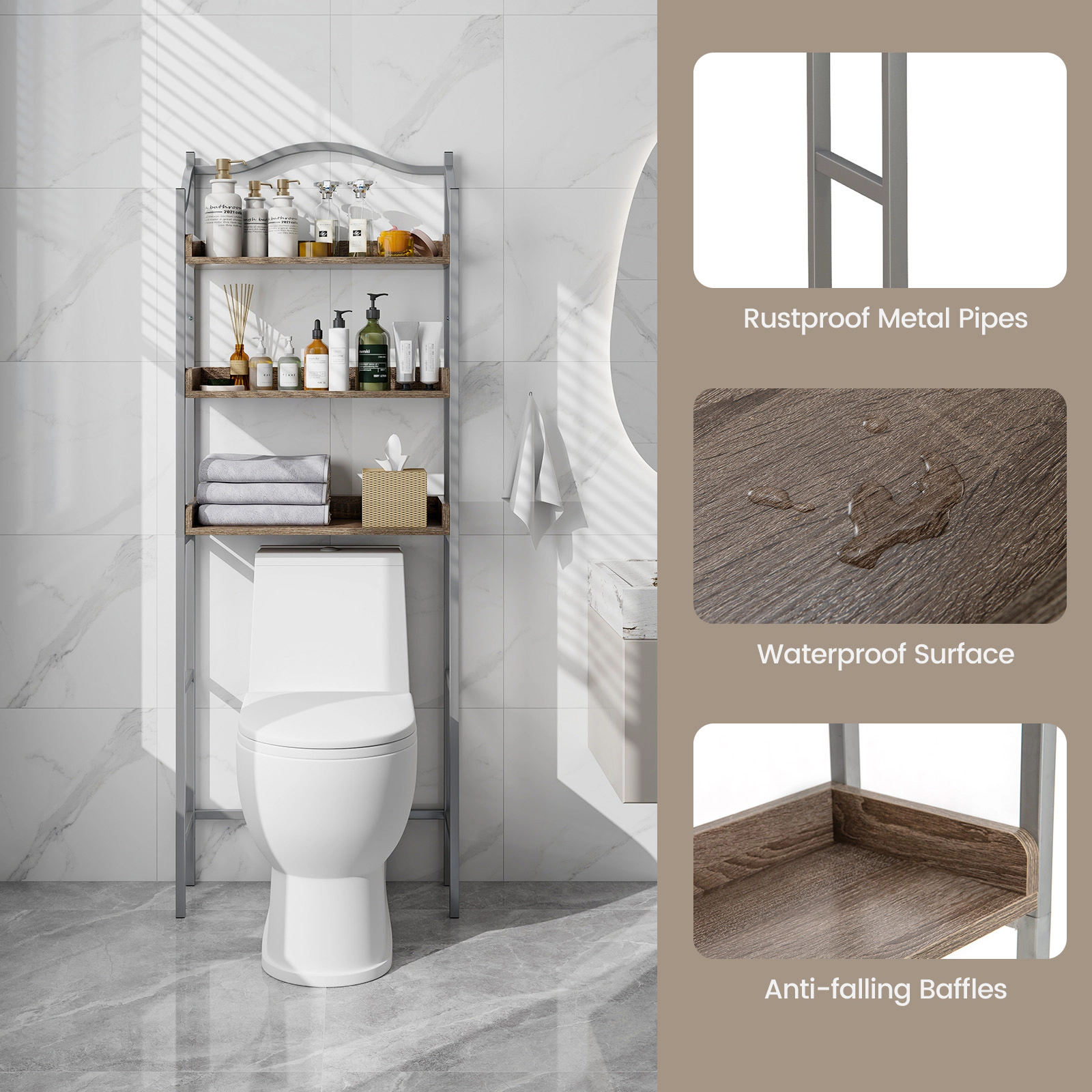 Slickblue Over Toilet Bathroom Storage Rack 3-Tier 66 Inch Silver Metal Shelf Laundry Organizer