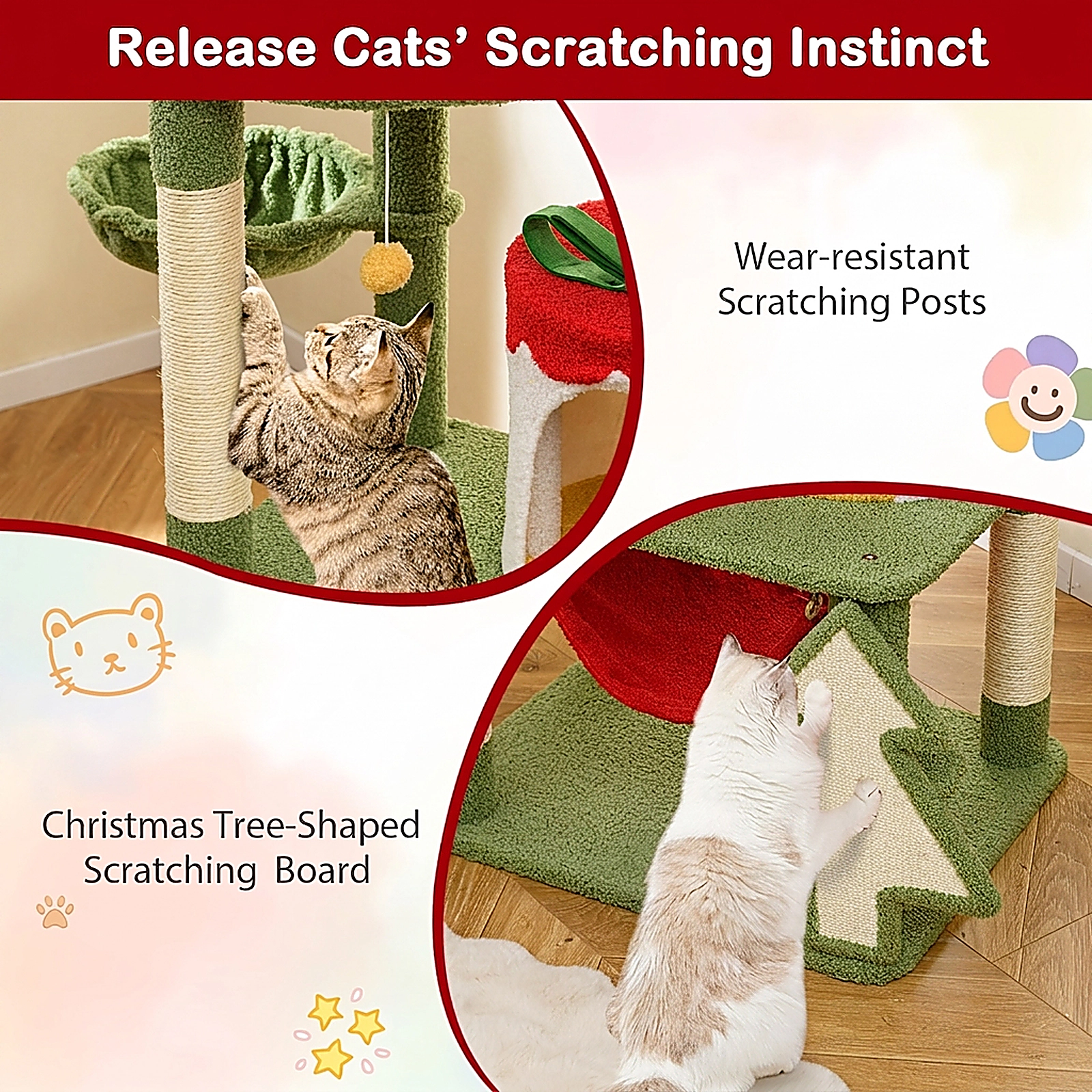 SUGIFT Christmas Cat Tree with Gift Box Shaped Condo & Sisal Scratching Posts 52-in Tall 22-lb Capacity Green Red Yellow