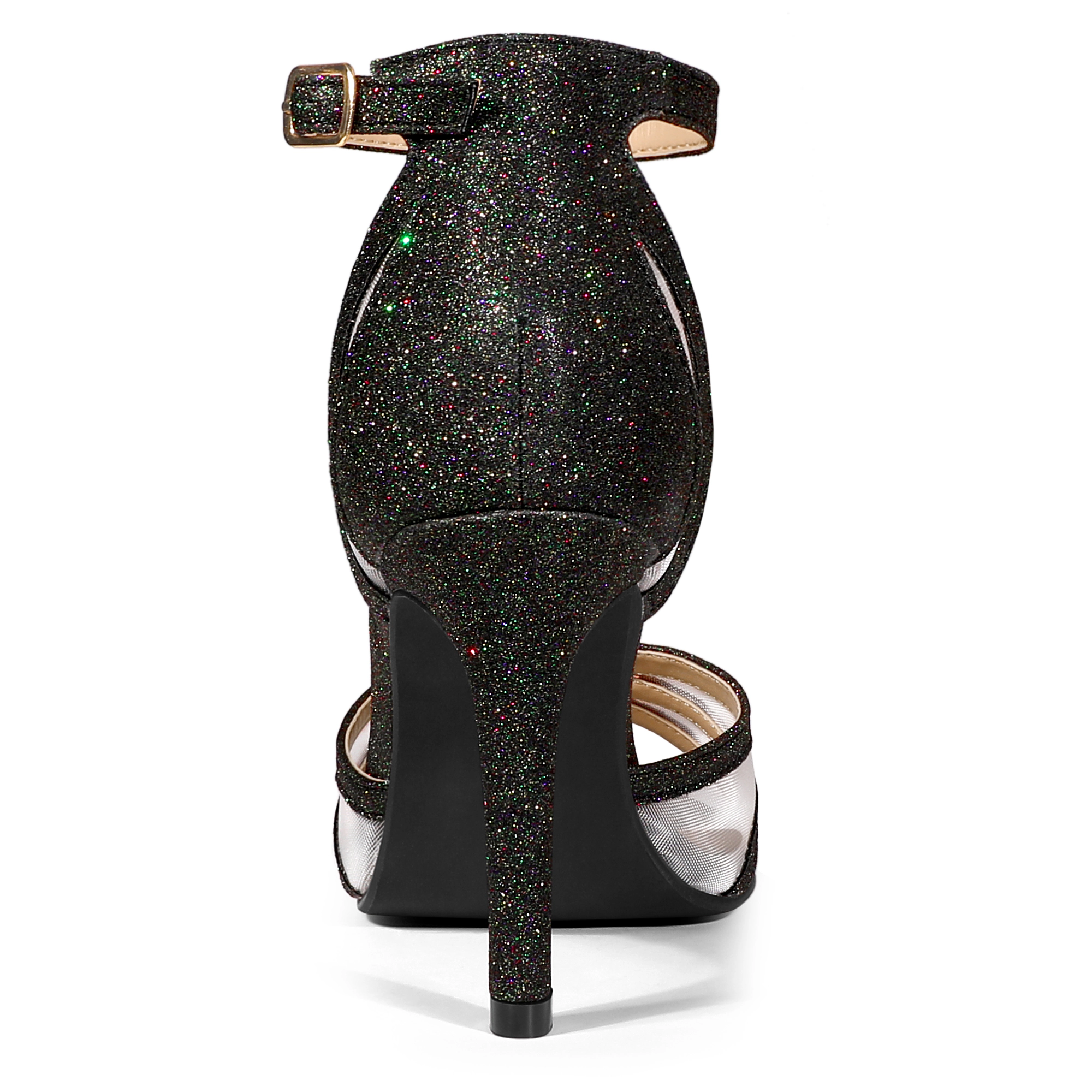 BLISSFUL STEP Women's See Through Glitter Ankle Strap Stiletto Heels Sandals