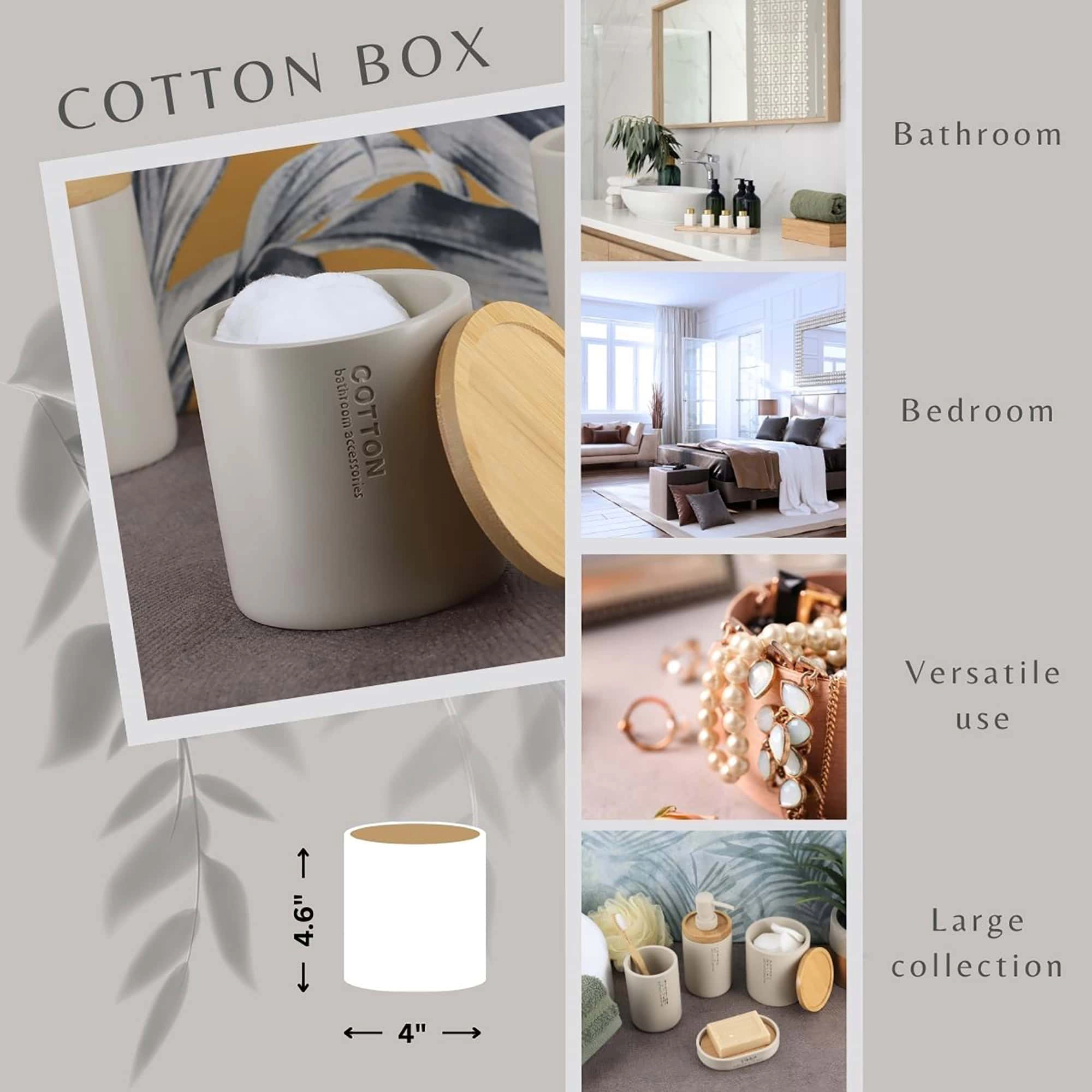 Evideco Willis Round Cotton Pad Holder with Bamboo Lid, Matte Polyresin