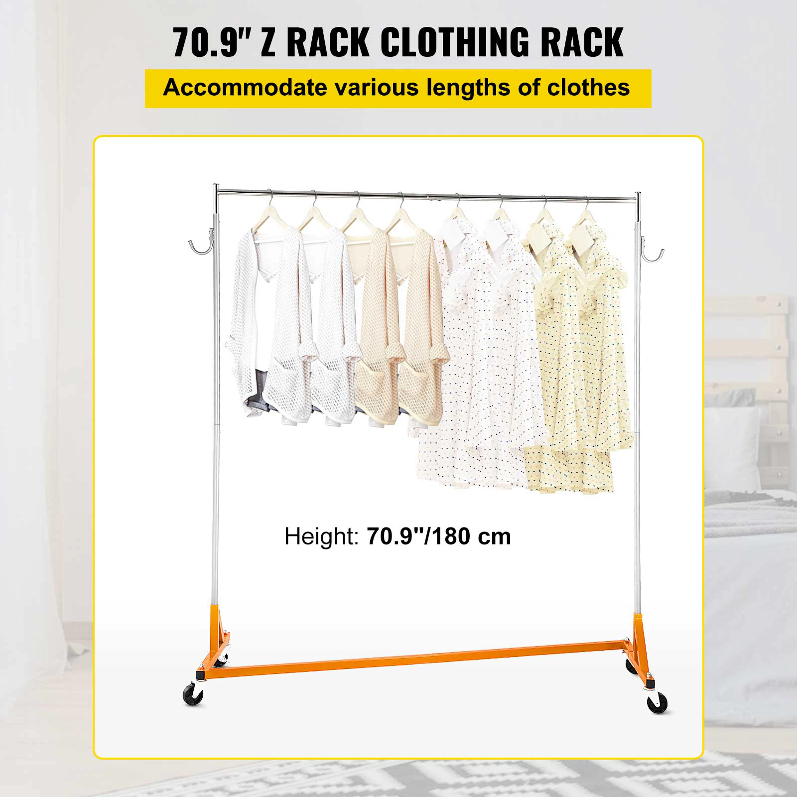 HONGGE Industrial Grade Z Base Garment Rack with Lockable Casters for Home Clothing Store Display
