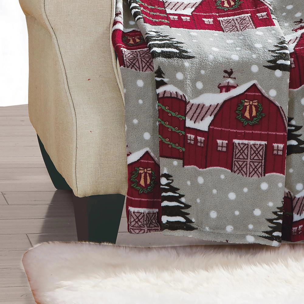 Plazatex Snowy Barn plush Decorative Christmas Machine Washable Throw 50" X 60" Grey