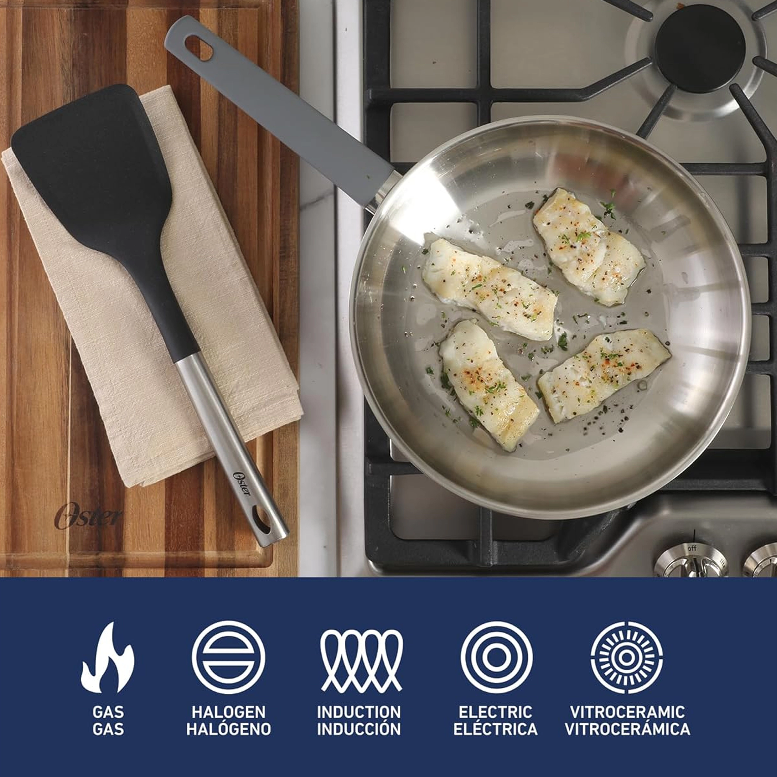 Oster Beauford Inch Stainless Steel Frying Pan with Soft-Touch Handle in Silver