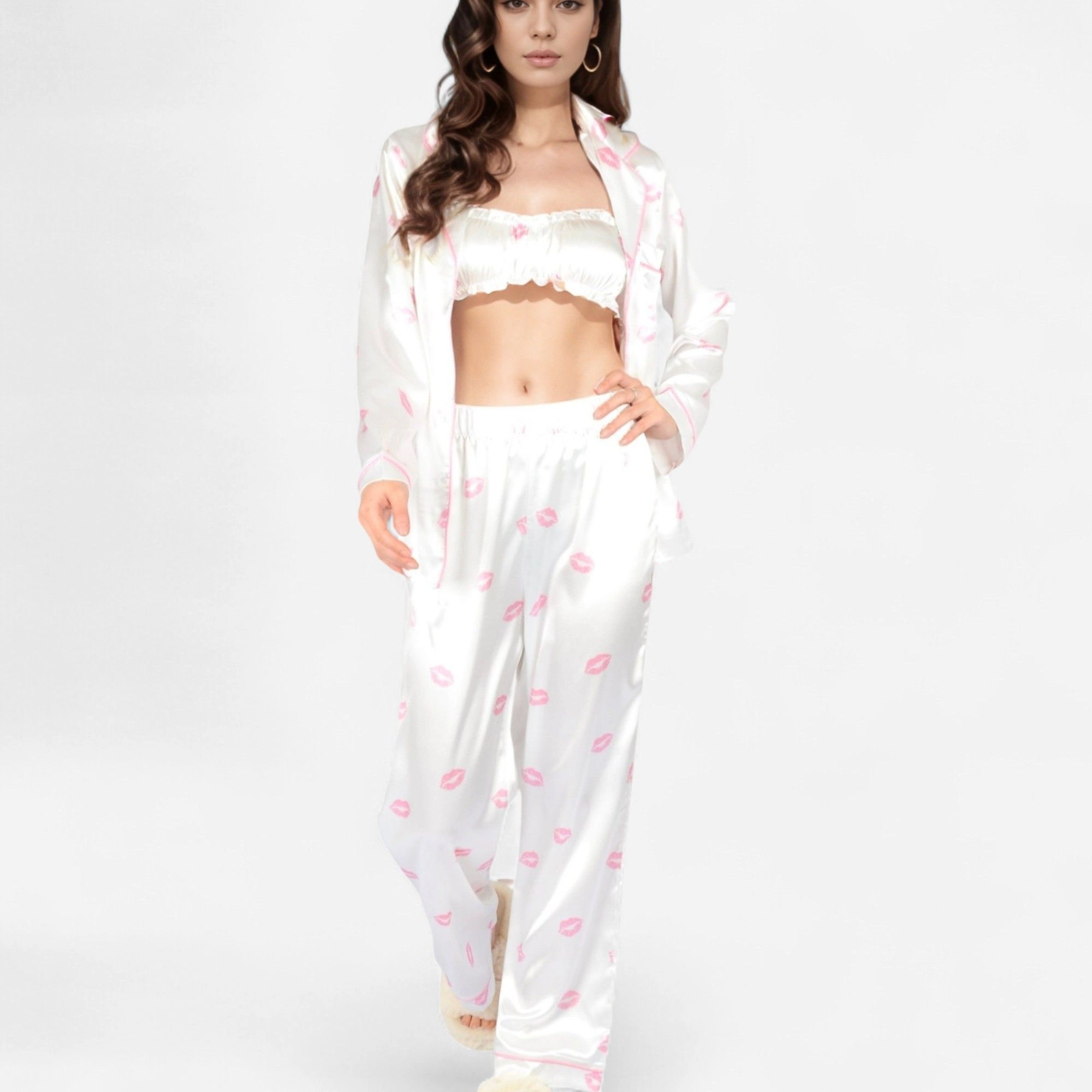Anna-Kaci Women's Satin Three-Piece Pajama Set with Kiss Print Shirt Bandeau Top and Full-Length Lounge Pants
