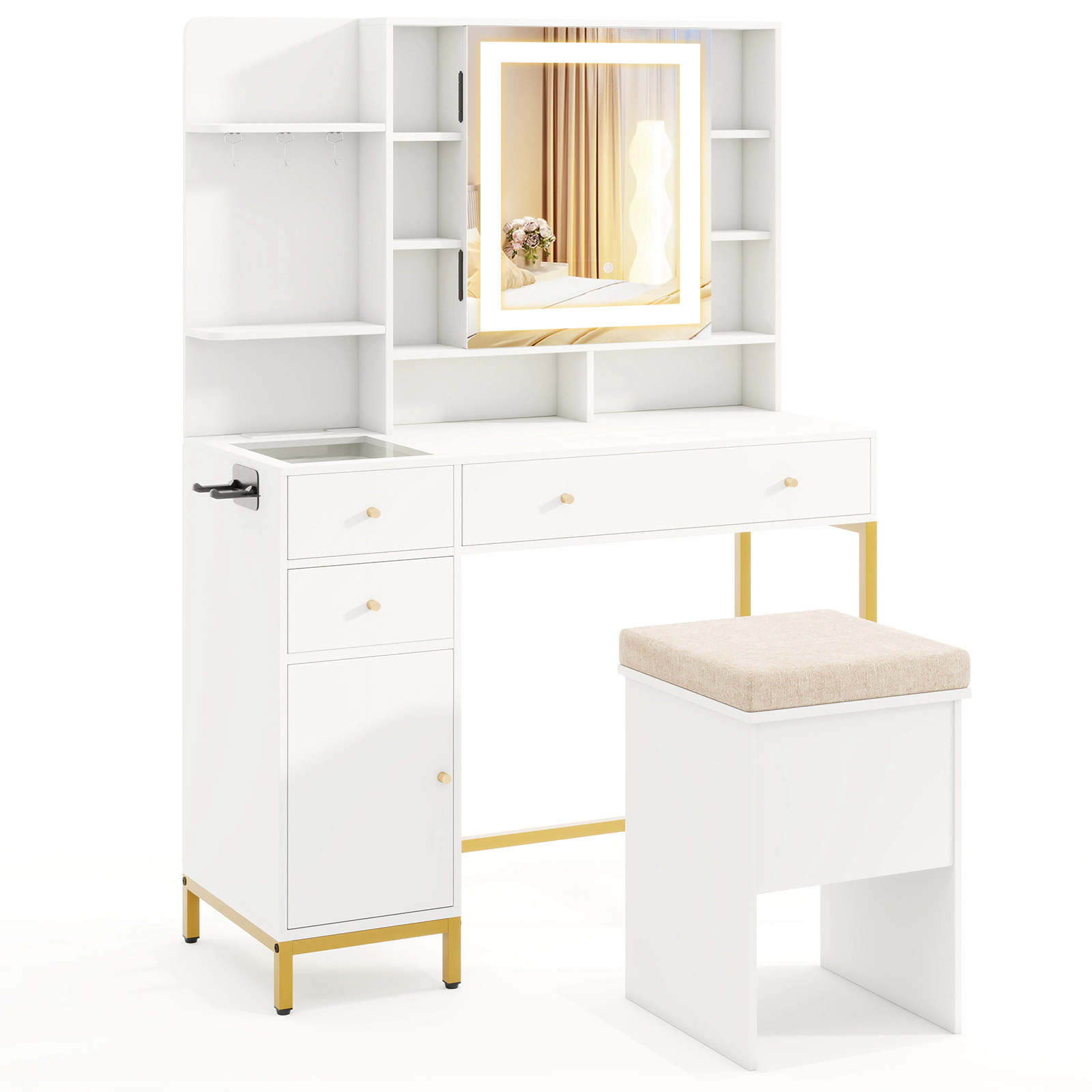 SUGIFT Lighted Makeup Vanity Table with Stool 154-lb Tabletop Capacity White + Gold