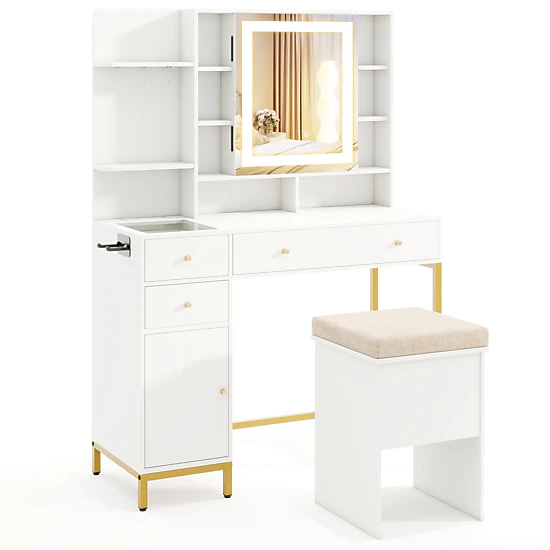 LJG Makeup Dressing Table and Stool Set with 3 Lighting Modes and Cabinet