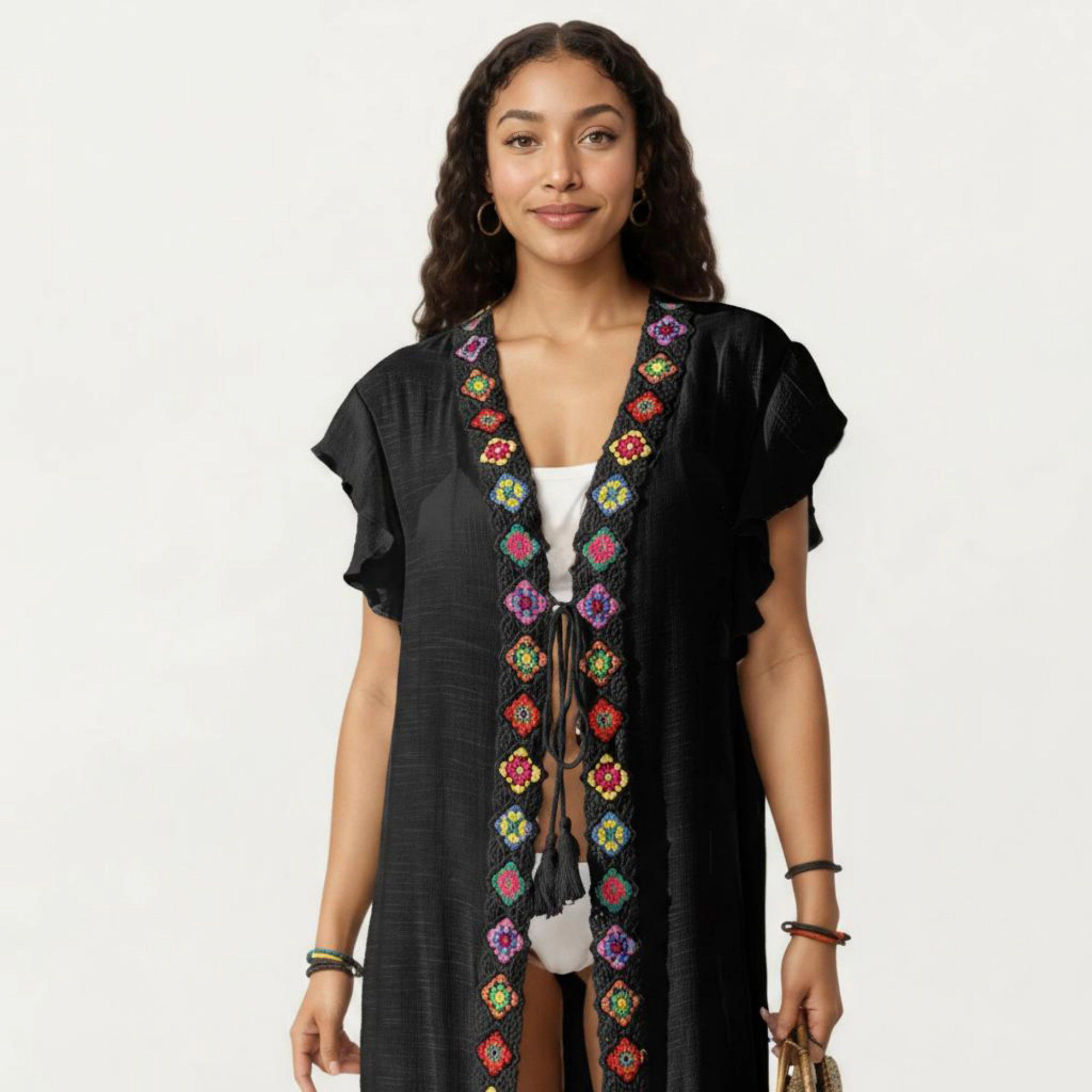 Anna-Kaci Women's Embroidered Open Front Swim Cover Up Kimono Midi Tassel Tie Detail Beach Cardigan