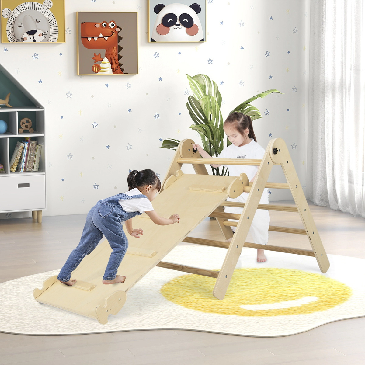 SUGIFT Foldable Adjustable 3-in-1 Kids Triangle Climbing Set 132-lb Capacity Ages 3+ Colorful/Natural Ladder Ramp Single