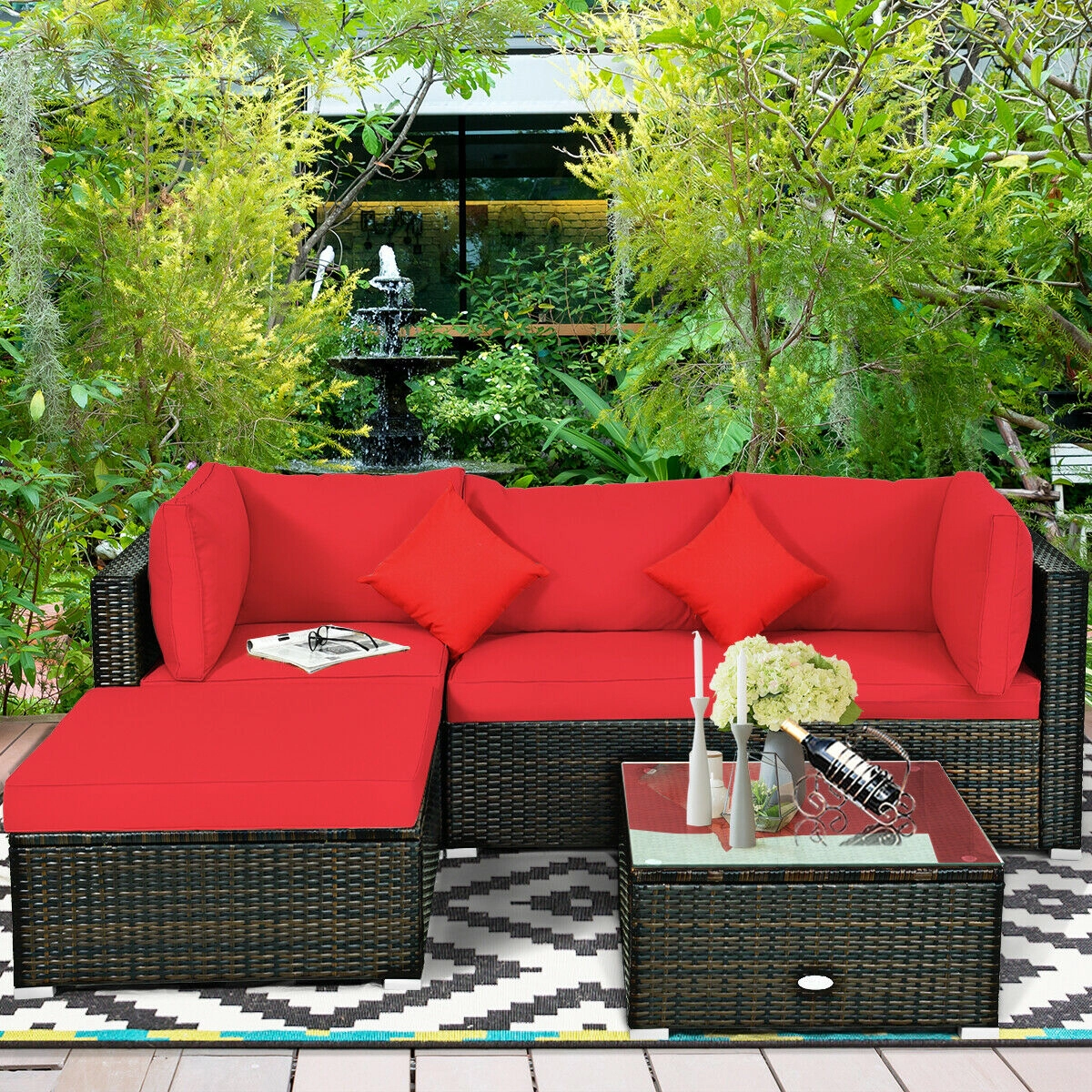 LJG 5 Pcs Outdoor Patio Rattan Furniture Set Sectional Conversation with Navy Cushions