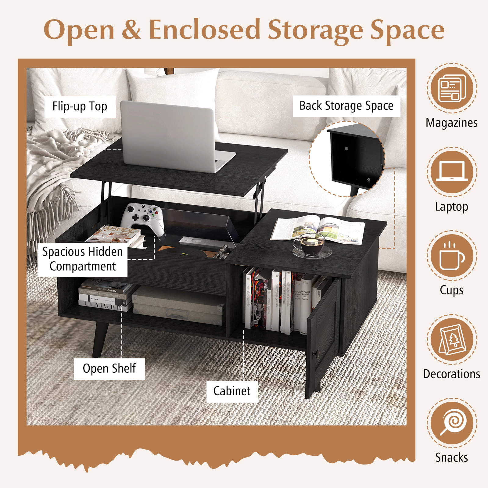 SUGIFT Gas Strut Lift Top Hidden Compartment Door Cabinet Coffee Table 39.5-in x 19.5-in x 18-in 110-lb Capacity Black