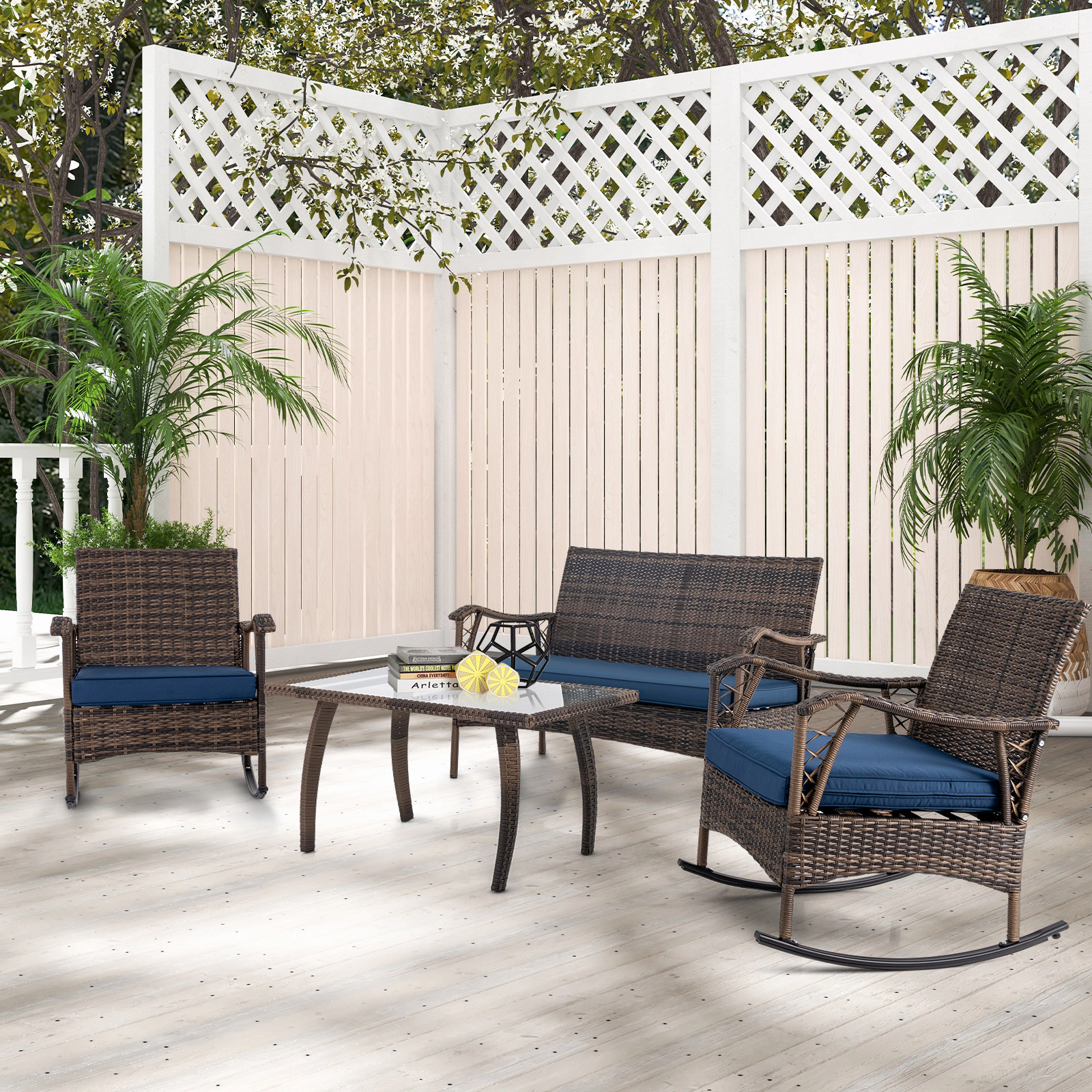SUGIFT Bungee Rope Seat Loveseat and Coffee Table 4-Piece Navy Wicker Rocking Set