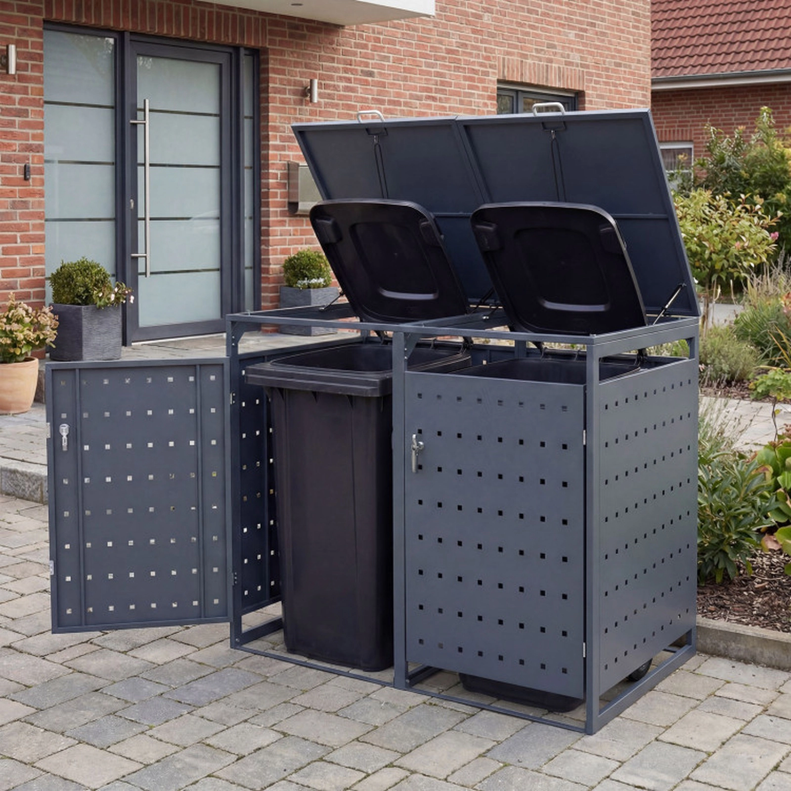 SUGIFT Outdoor Metal Garbage Bin Storage Shed for 2 Trash Cans 46-in Tall Double Trash Can Enclosure Gray