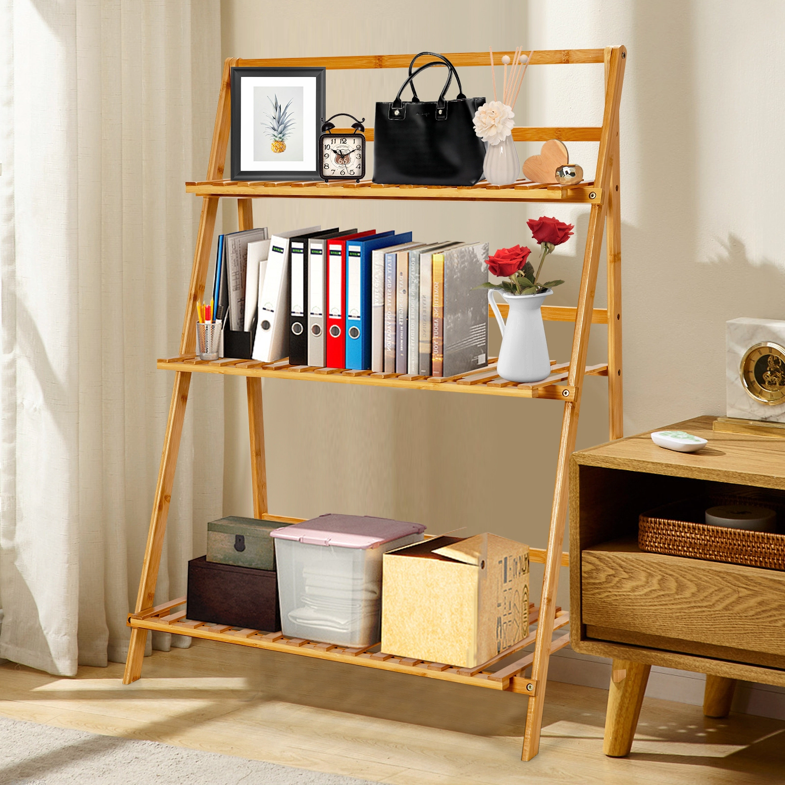 SUGIFT 3 Tier Foldable Bamboo Plant Stand Natural Ladder Display Shelf Rack