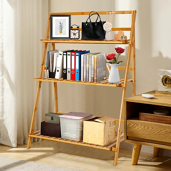 SUGIFT Natural 3-Tier Foldable Bamboo Plant Stand with Open Ladder Shelves 27.5-in W 15-in D 37.5-in H