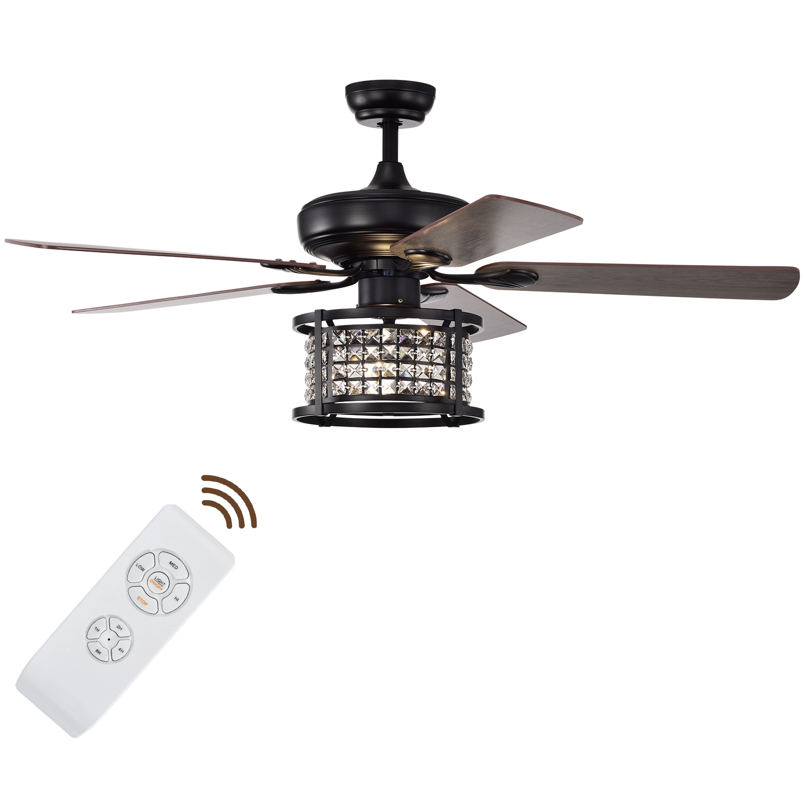 SUGIFT Crystal Ceiling Fan Light 3-Speed 52-in with Remote Control Black