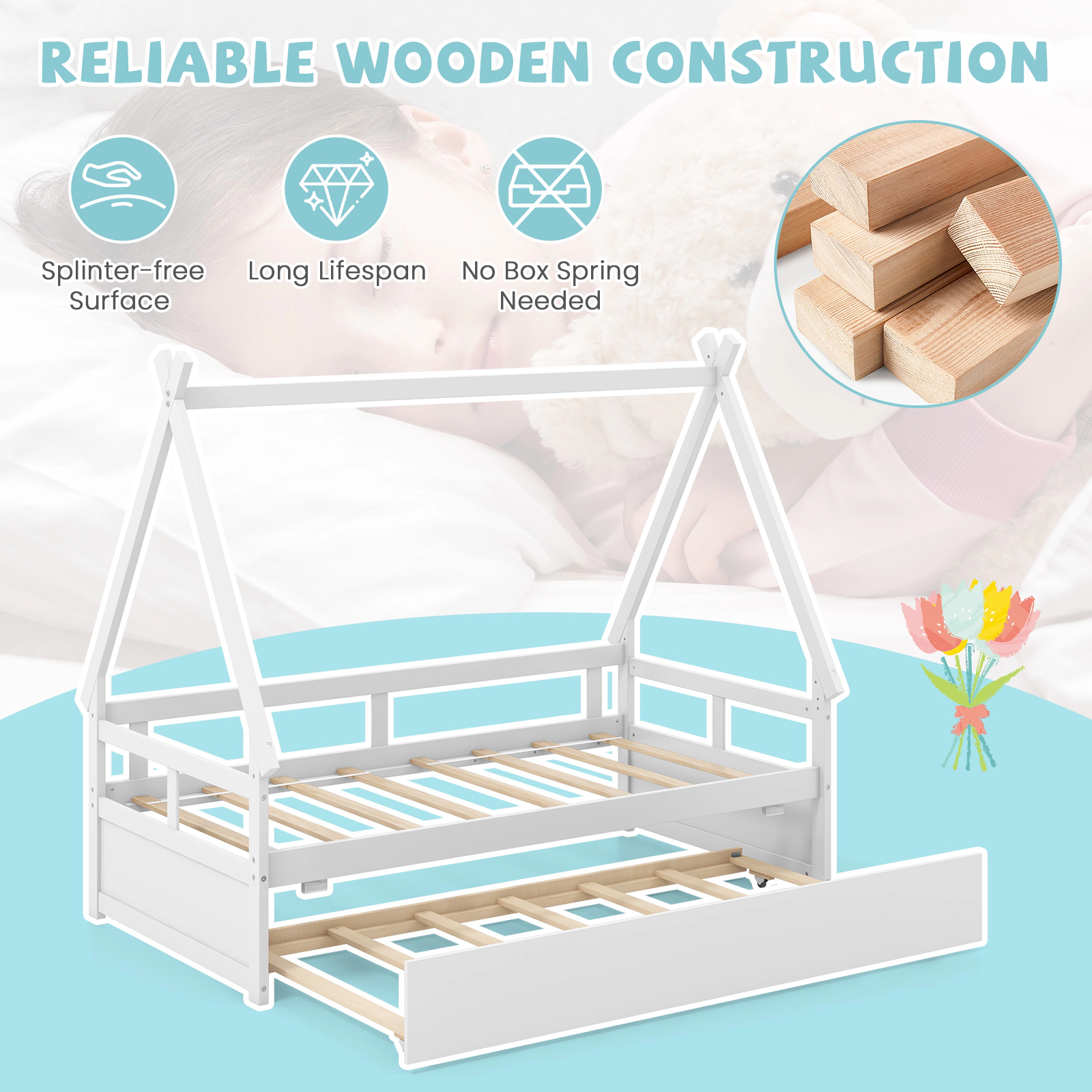 SUGIFT Twin Size House Bed with Trundle and Safety Guardrail 250-lb Bed 200-lb Trundle Capacity 78-in Frame White