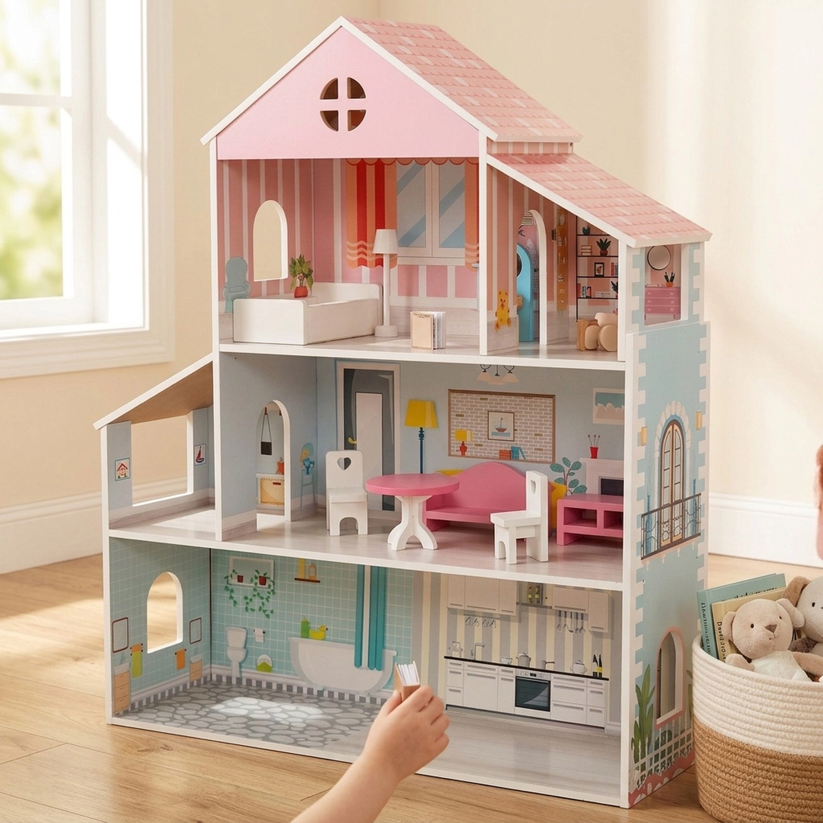 3-Tier Doll House with 8 Furniture Pieces 6 Rooms MDF Wooden Dollhouse 34.25-in Tall with Colorful Wallpaper