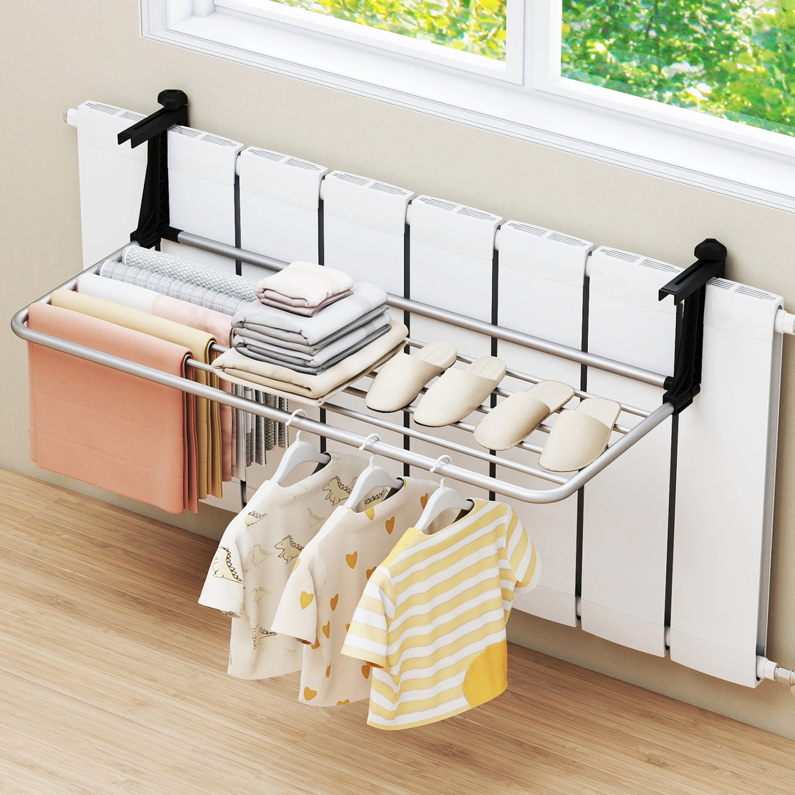 SUGIFT Portable Foldable Clothes Drying Rack Airer with Extendable Radiator Hooks Silver and Black