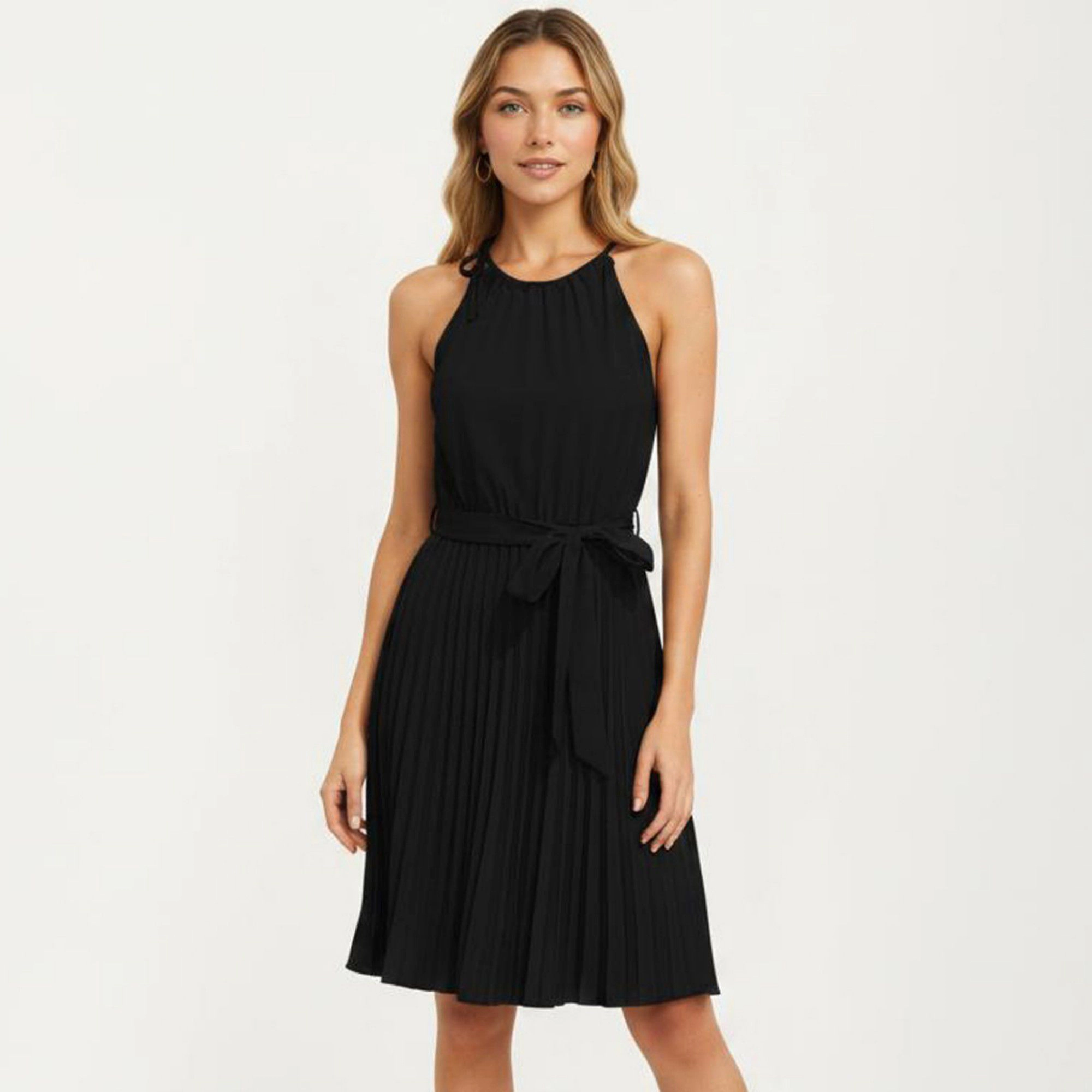 Anna-Kaci Women's Sleeveless Halter Midi Dress with Pleated Skirt and Waist Tie