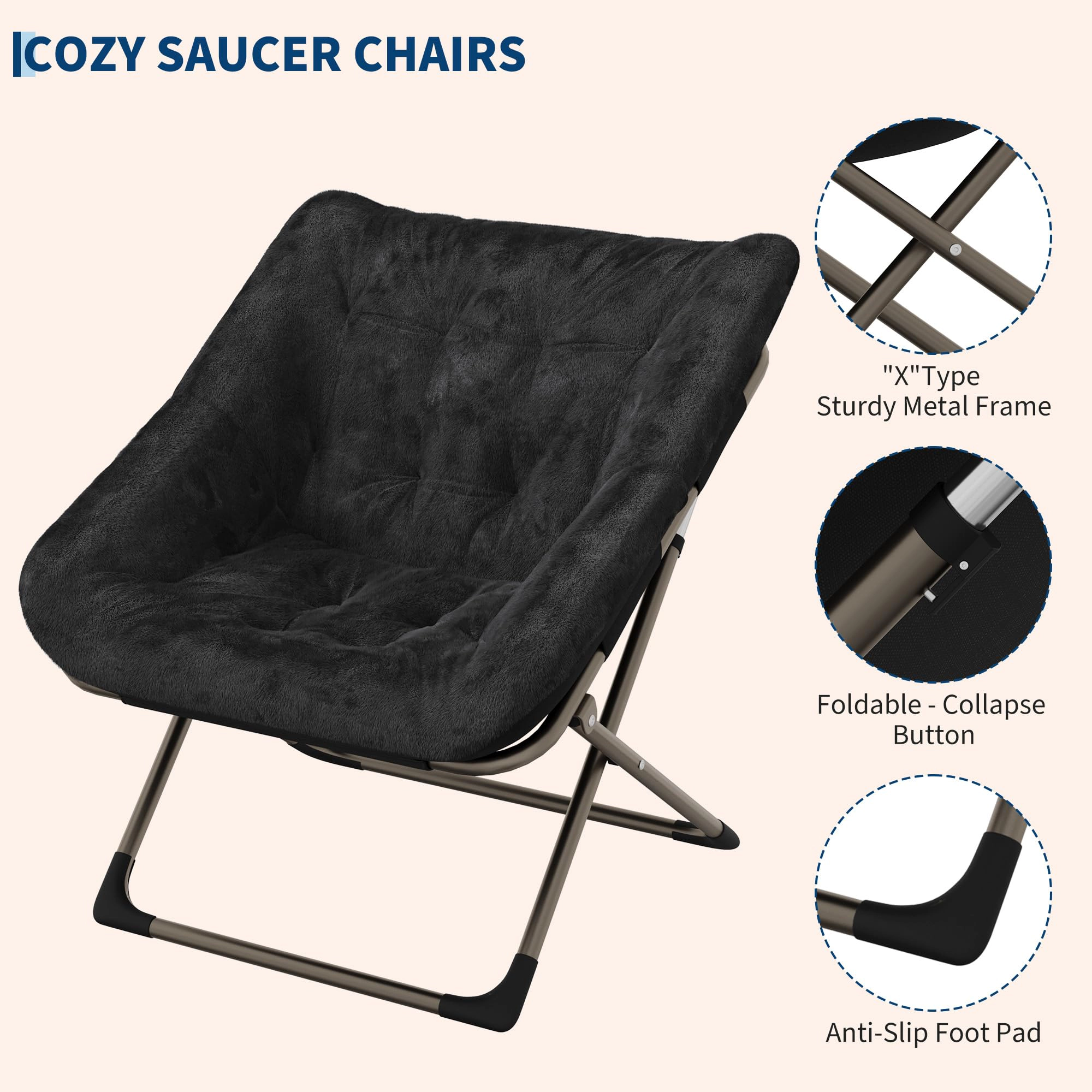 BebreezChic Foldable Dish Saucer Chair - Rabbit Fur Comfy Lounge with Metal Frame for Kids, Teens & Adults