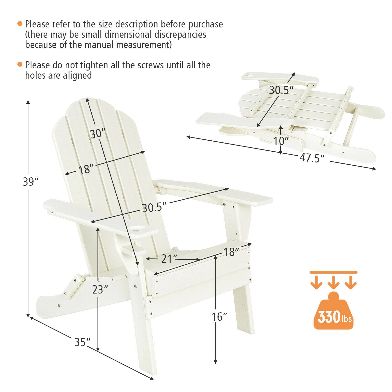 SUGIFT Foldable Weather Resistant PE Adirondack Patio Chair with Cup Holder 330-lb Capacity White