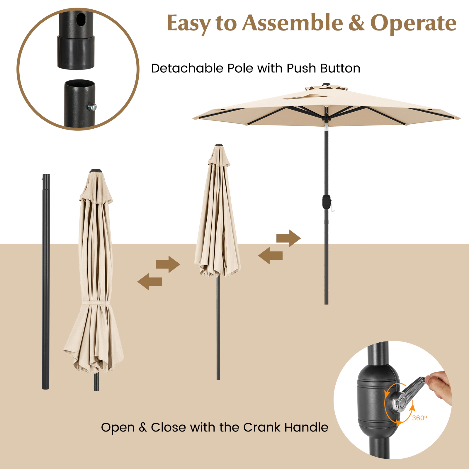 SUGIFT Push Button Tilt Crank Lift and 8 Ribs 9 FT Outdoor Market Patio Table Umbrella