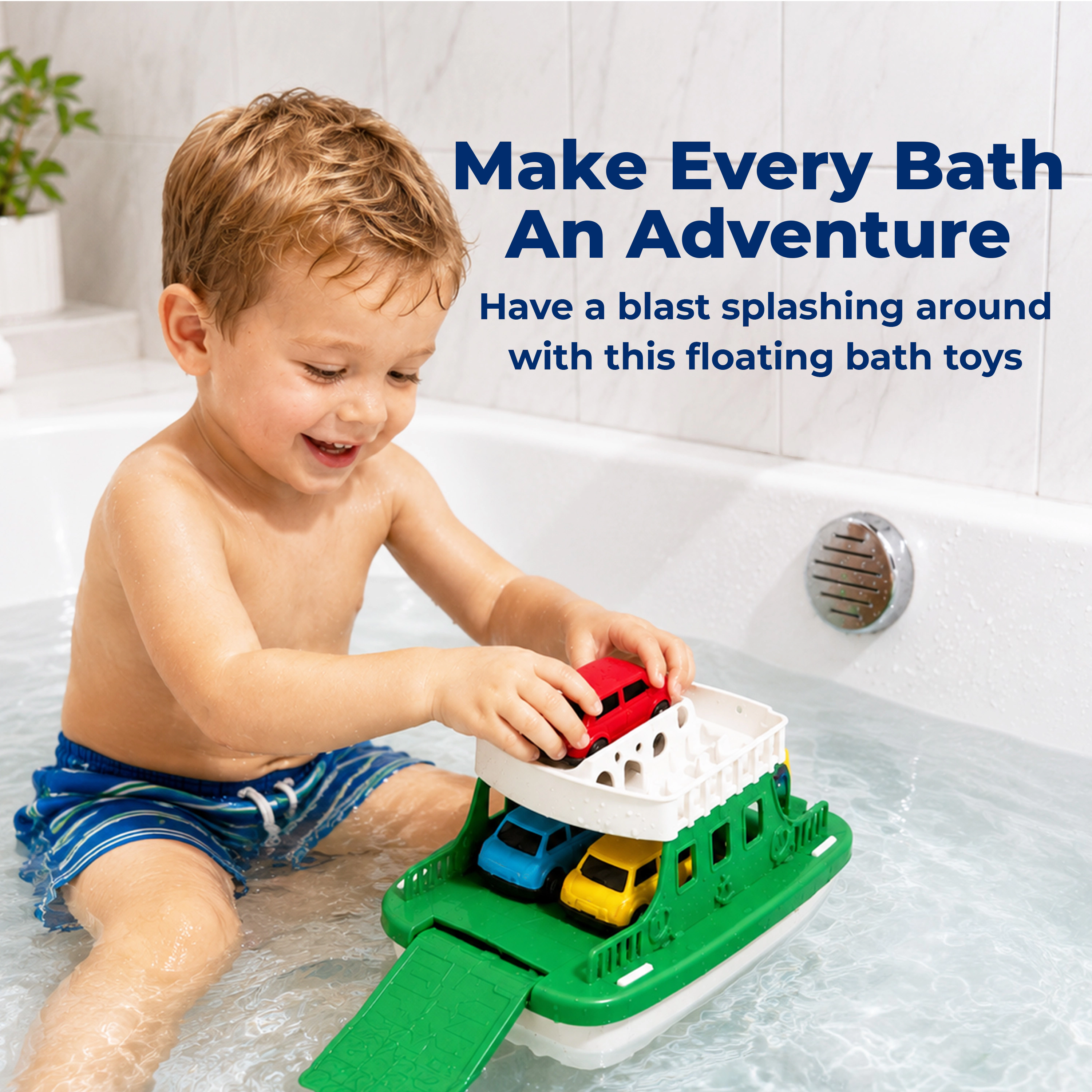 Sperric Boat Bath Toy Set - Carry Ship w/ 4 Mini Cars, Fun Water Toys for Bath, Pool & Beach Play, Safe Non-Toxic Ferry