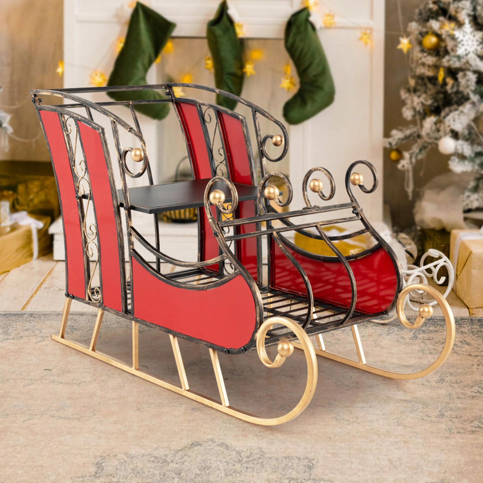SUGIFT 3-Ft Red Metal Christmas Sleigh Decor with 2-Tier Storage Shelf 37-in W 16-in D 23-in H 22-lb Per Tier