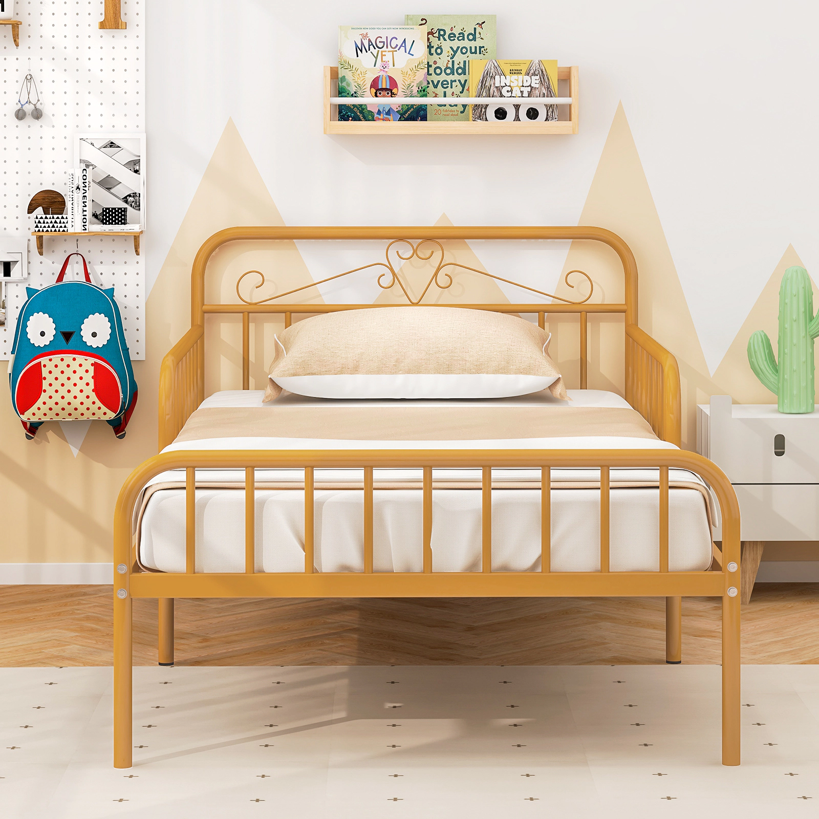 Twin Size Metal Bed Frame with Headboard and 10.5-in Safety Side Guardrails 485-lb Capacity 6 Support Legs Gold