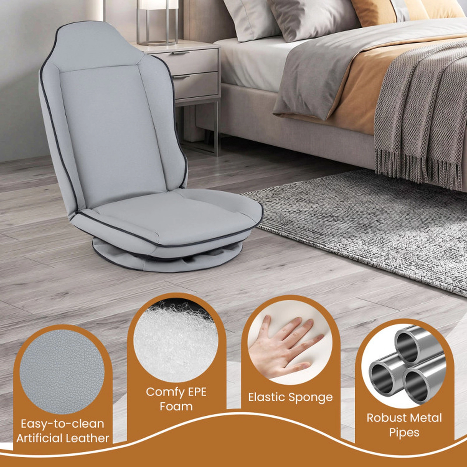 SUGIFT 360-Degree Swivel Floor Chair with 5-Level Adjustable Backrest and Padded Artificial Leather Seat