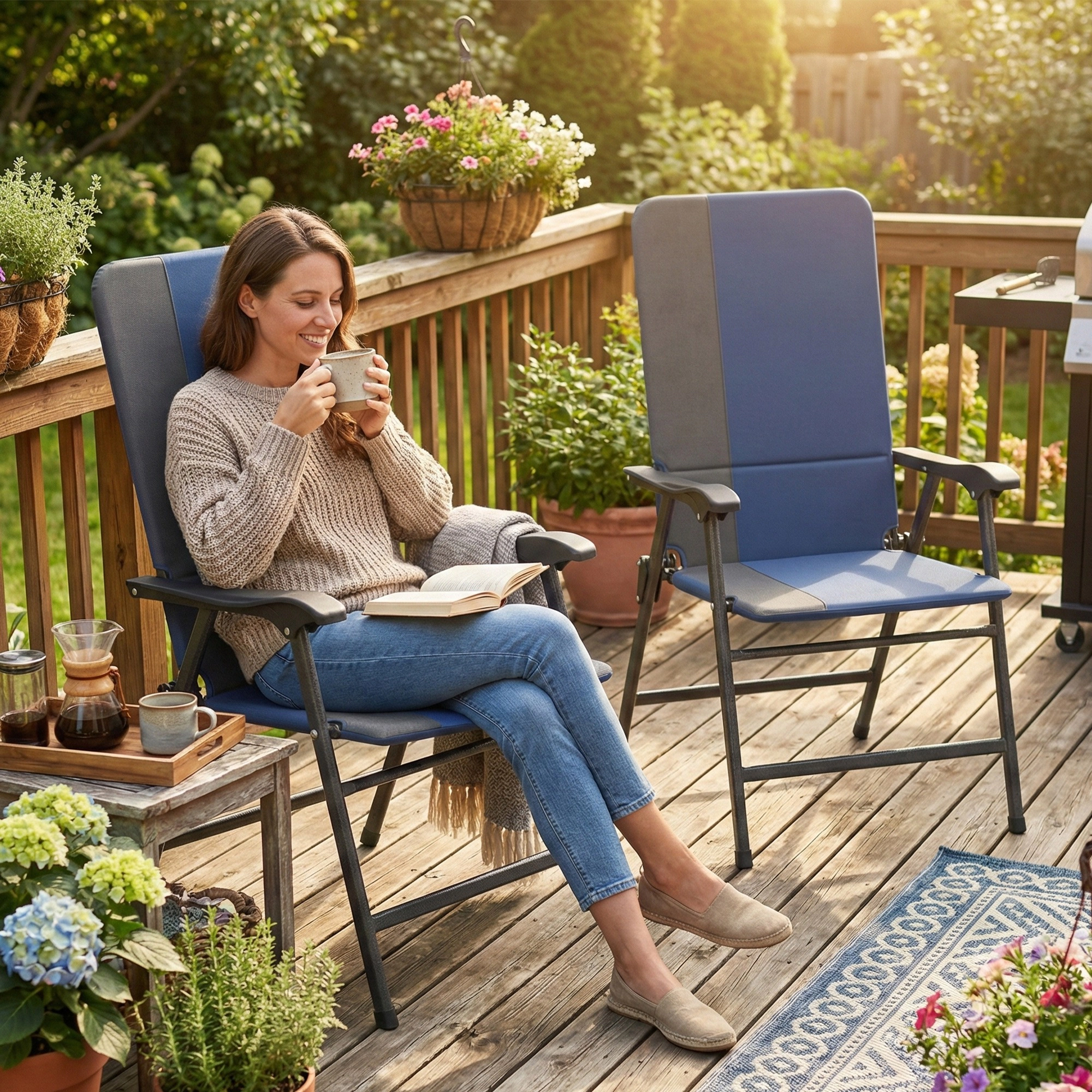 HONGGE Folding Patio Chairs Set of 2, Padded High Back Lawn Camping Chairs with Armrests, 600D Oxford Fabric