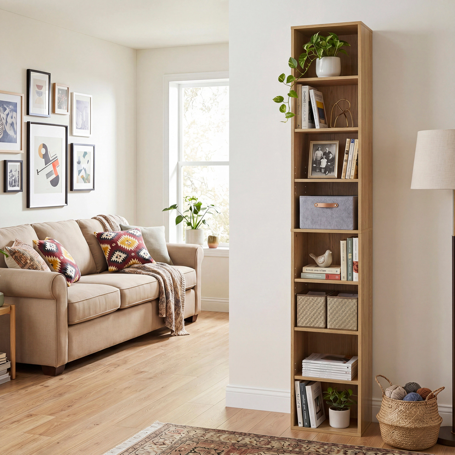 LJG 8-Tier Narrow Bookshelf with 4 Adjustable Shelves and Storage Cubes