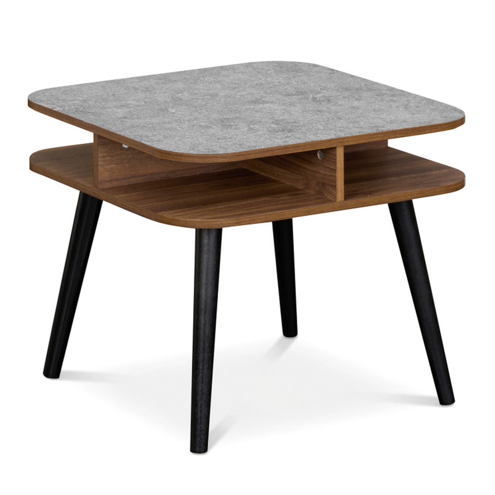 SUGIFT Walnut 24-In Square Faux Marble Side Table with 4-Sided Storage Shelves