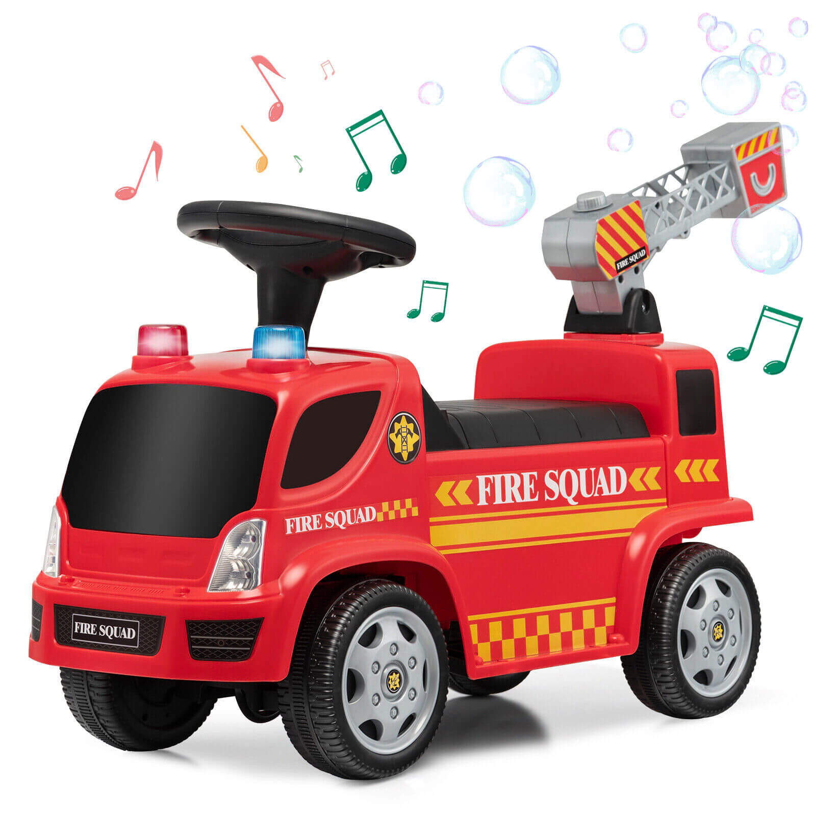 SUGIFT Red Ladder Bubble Maker and Headlights Kids Push Ride On Fire Truck