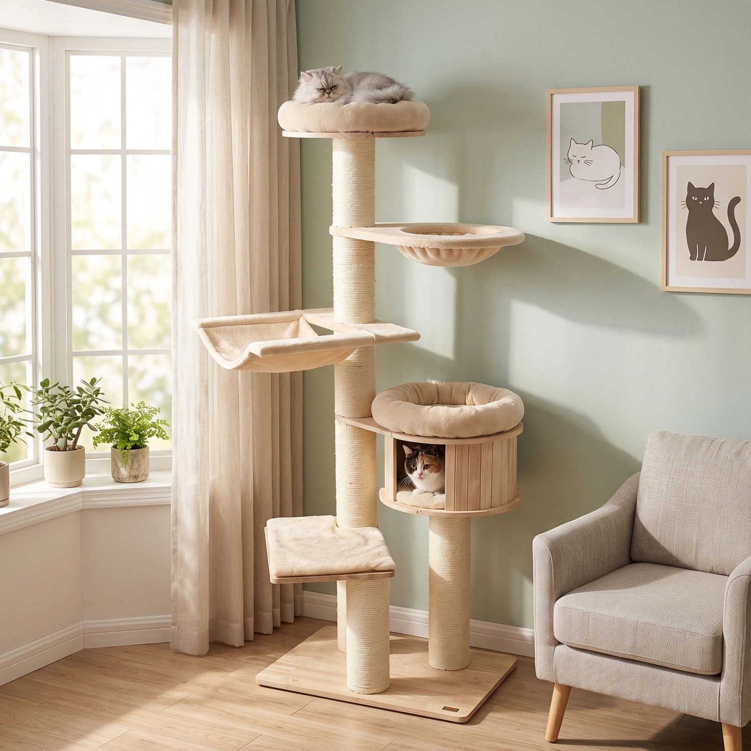 LJG 75.5" Tall Cat Tree with 7 Sisal Posts & Hanging Basket and Hammock for Indoor