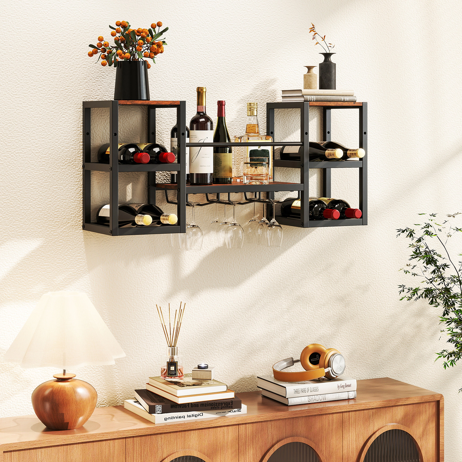 SUGIFT Wall Mounted Wine Rack Rustic Brown with Glass Holder and 8 Bottle Slots