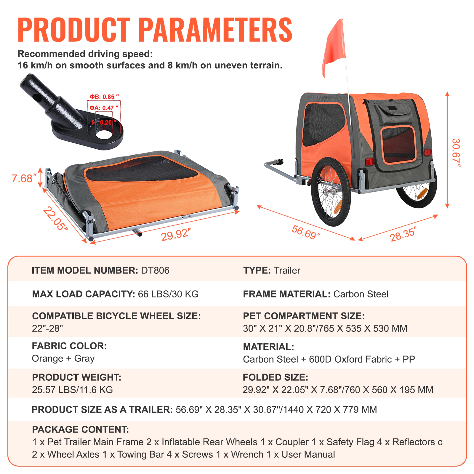 HONGGE Dog Bike Trailer, 66 lb Capacity, Weatherproof Pet Carrier with Mesh Windows, Orange/Gray