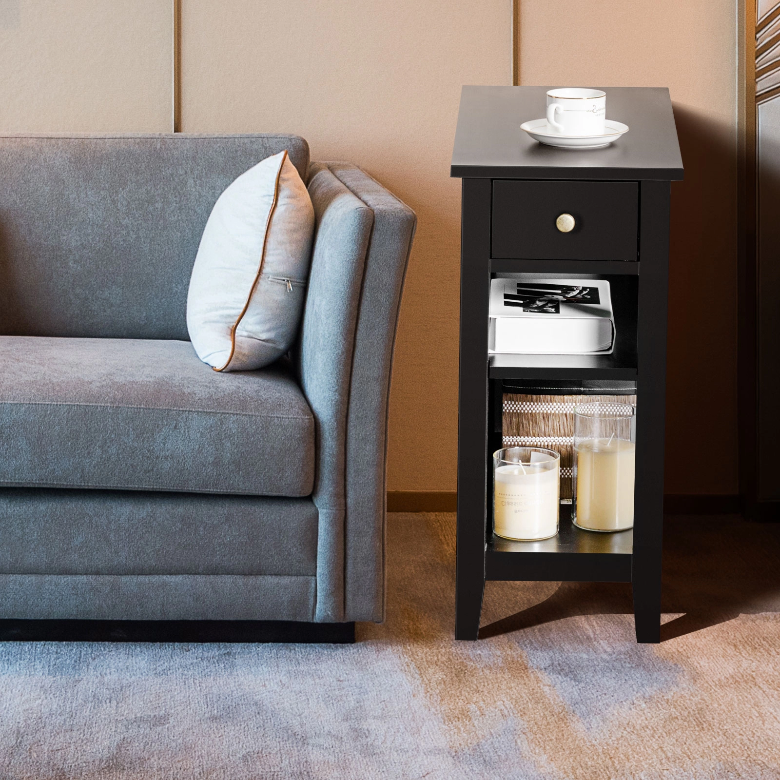 LJG 3-Tier End Table with Drawer Slideway and Double Shelves