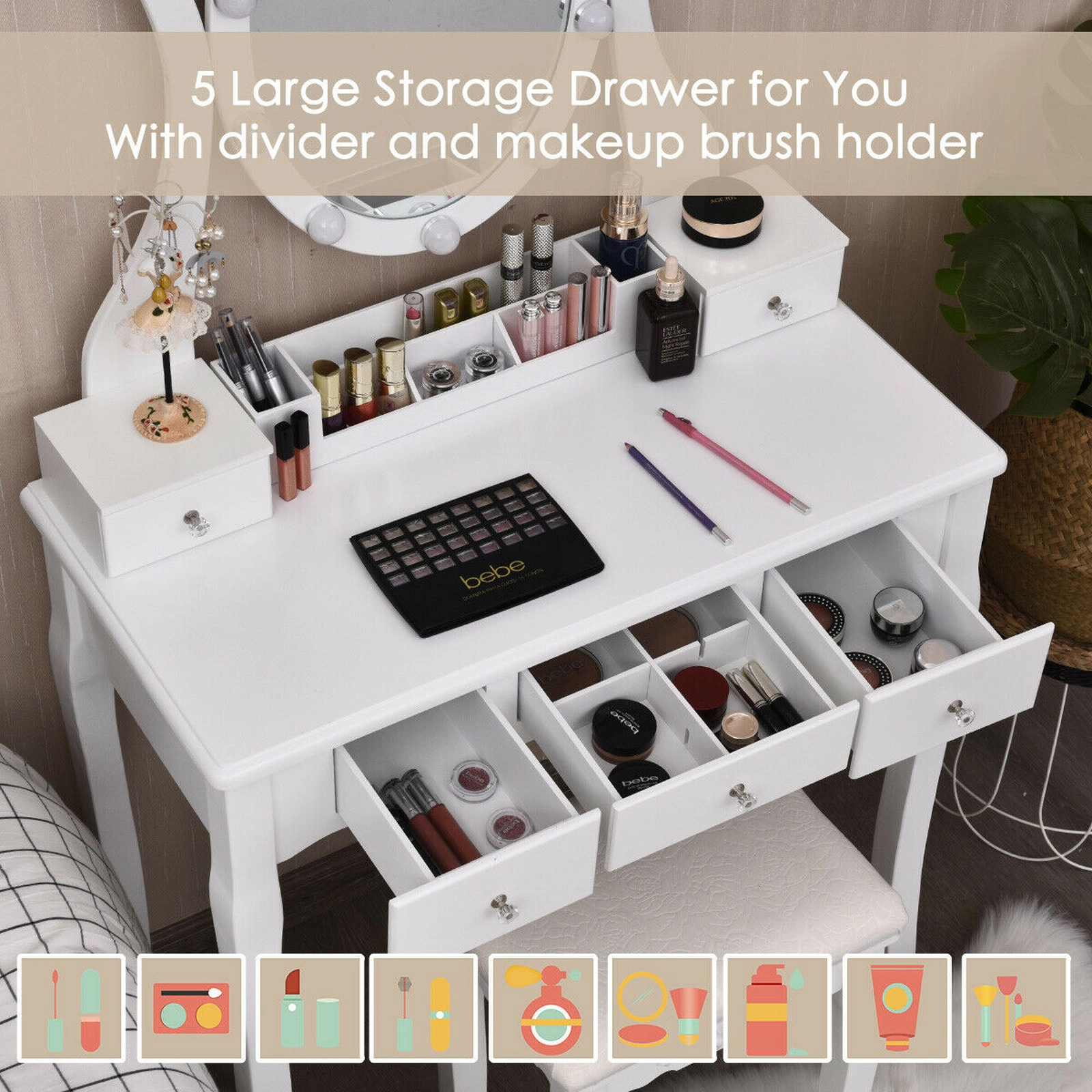 SUGIFT 31.5-in Vanity Table Set, 10 Dimmable Lights, 360-Degree Spinning Mirror, 5 Drawers