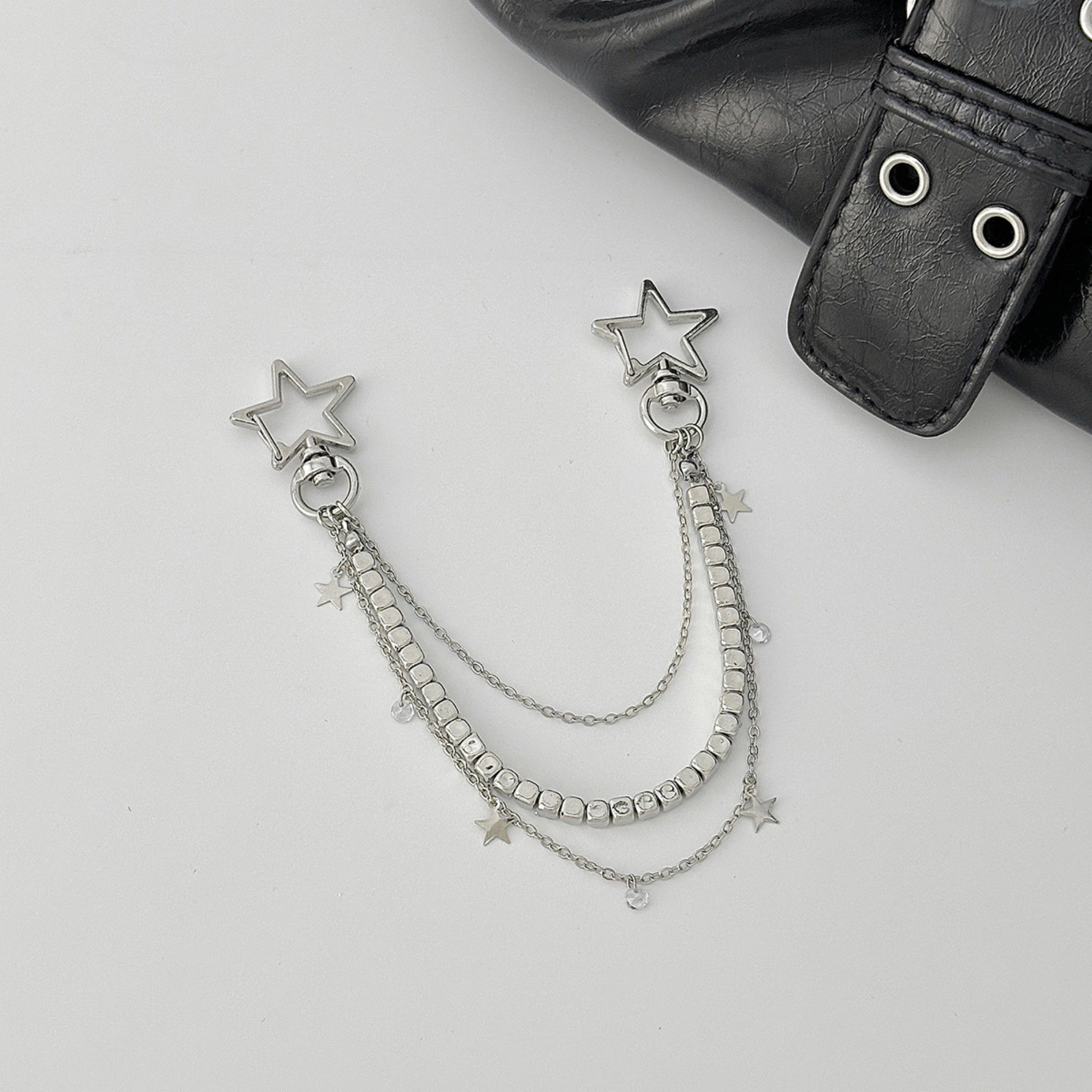 Alilang Women's Star Chain Bag Charm with Layered Silver Tone Chains Dual Clips for Jeans Bags and Keys