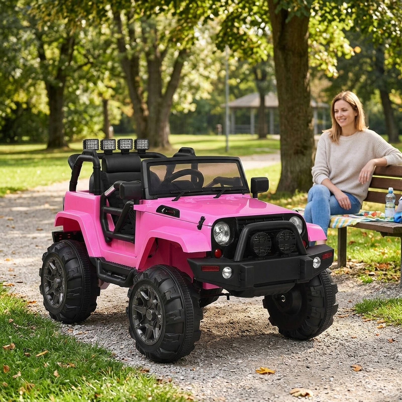 12V Kids Electric Car Ride On Truck Parent Remote Magnetic Door Locks Spring Suspension and LED Lights Ages 3-7 Pink