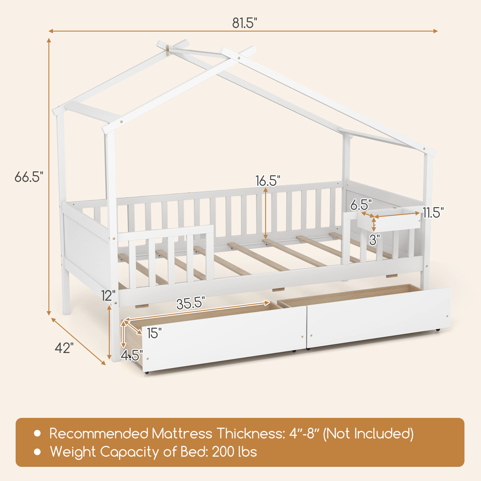 SUGIFT House-Shaped Twin Bed Frame with Roof and Fence Rails 200-lb Capacity with 2 Storage Drawers White