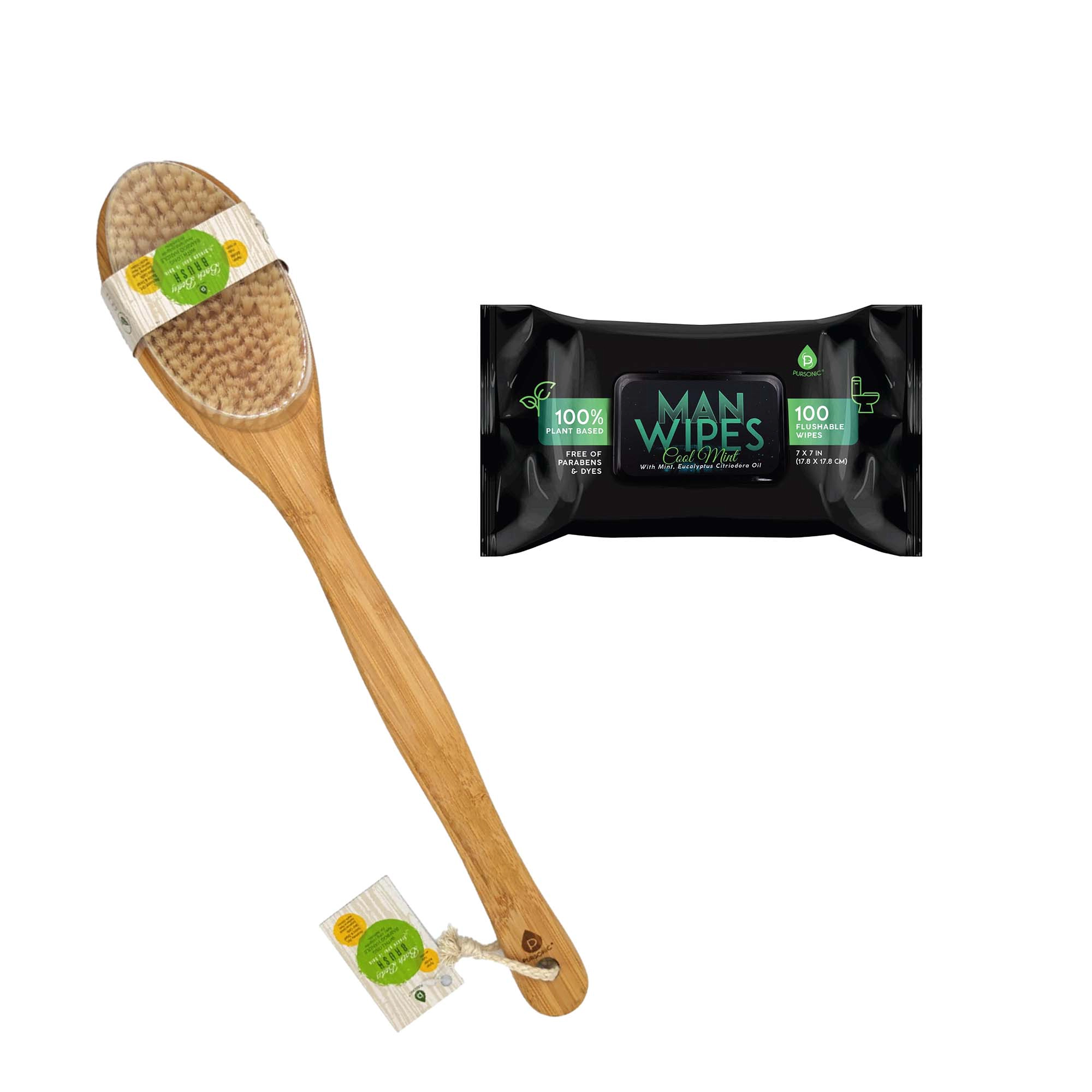 Pursonic Men's Hygiene and Body Care Clean & Refresh Bundle Flushable Man Wipes and Bamboo Handle Bath Body Brush